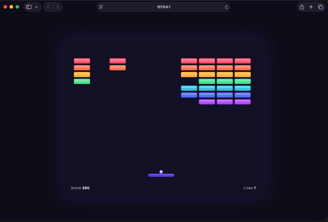 The breakout game loaded and ran in the browser — score 380, most bricks still in play