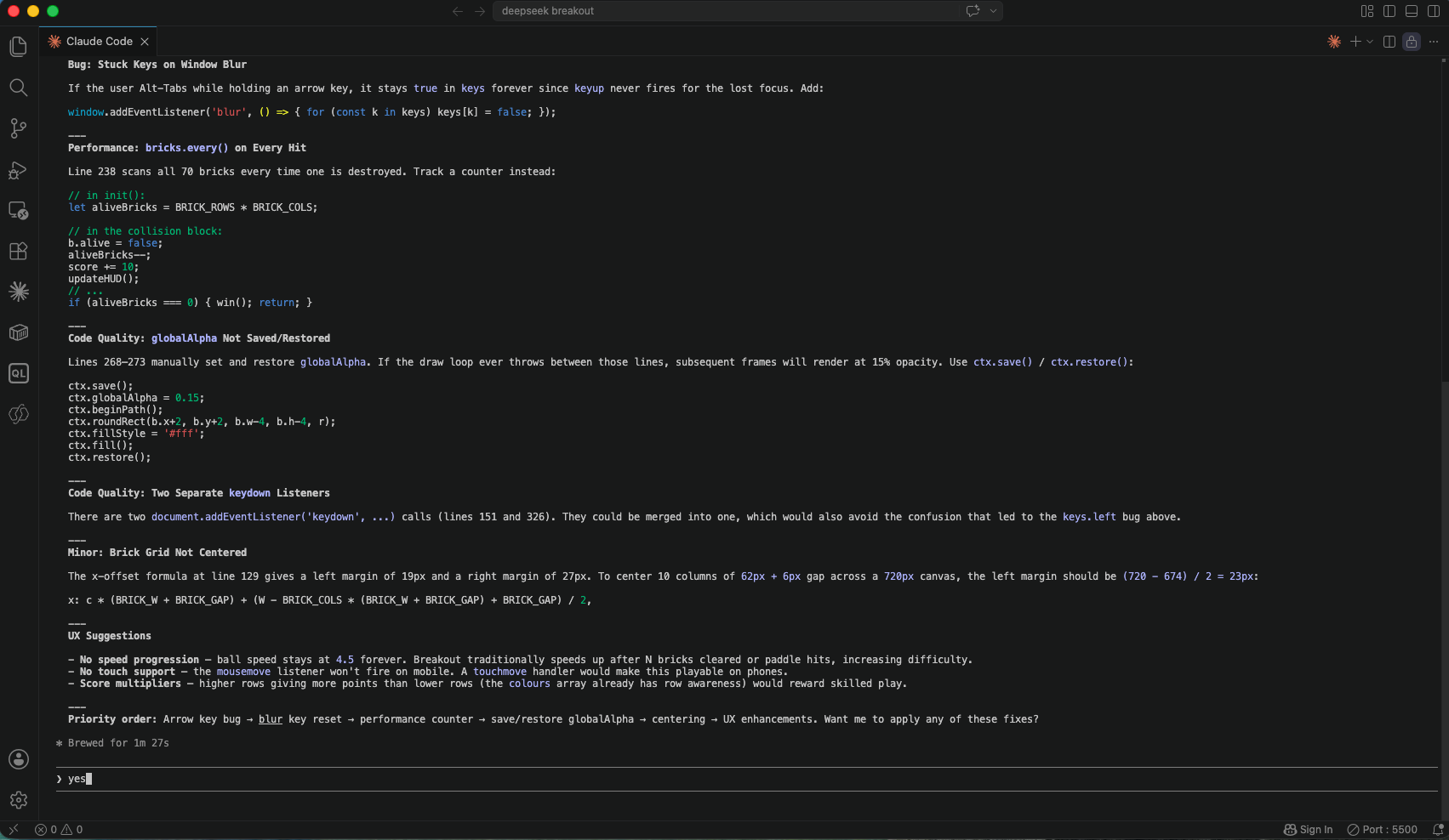 Claude Code continued listing its recommended fixes for the game