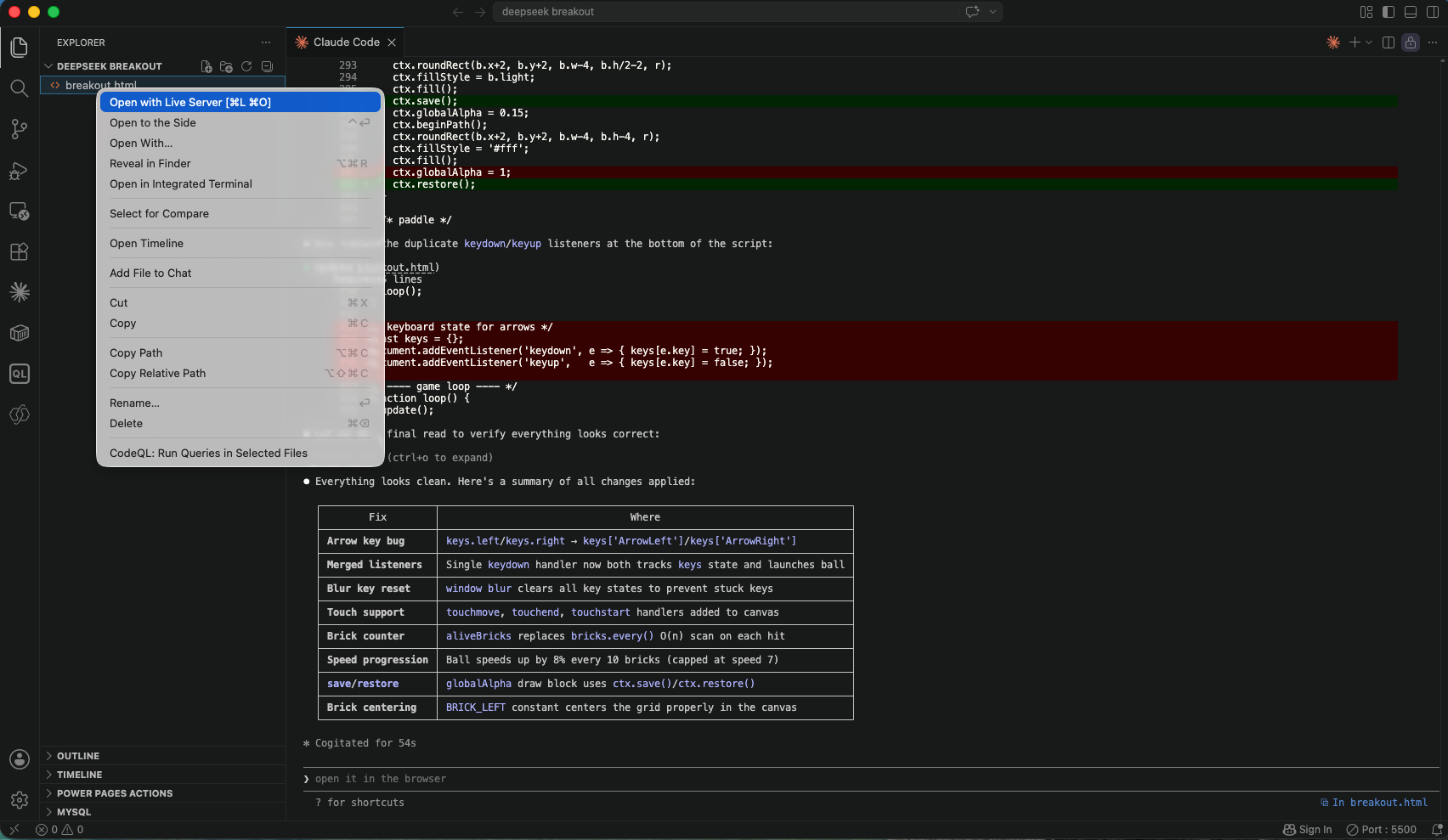 I opened the updated file with Live Server again to test the changes