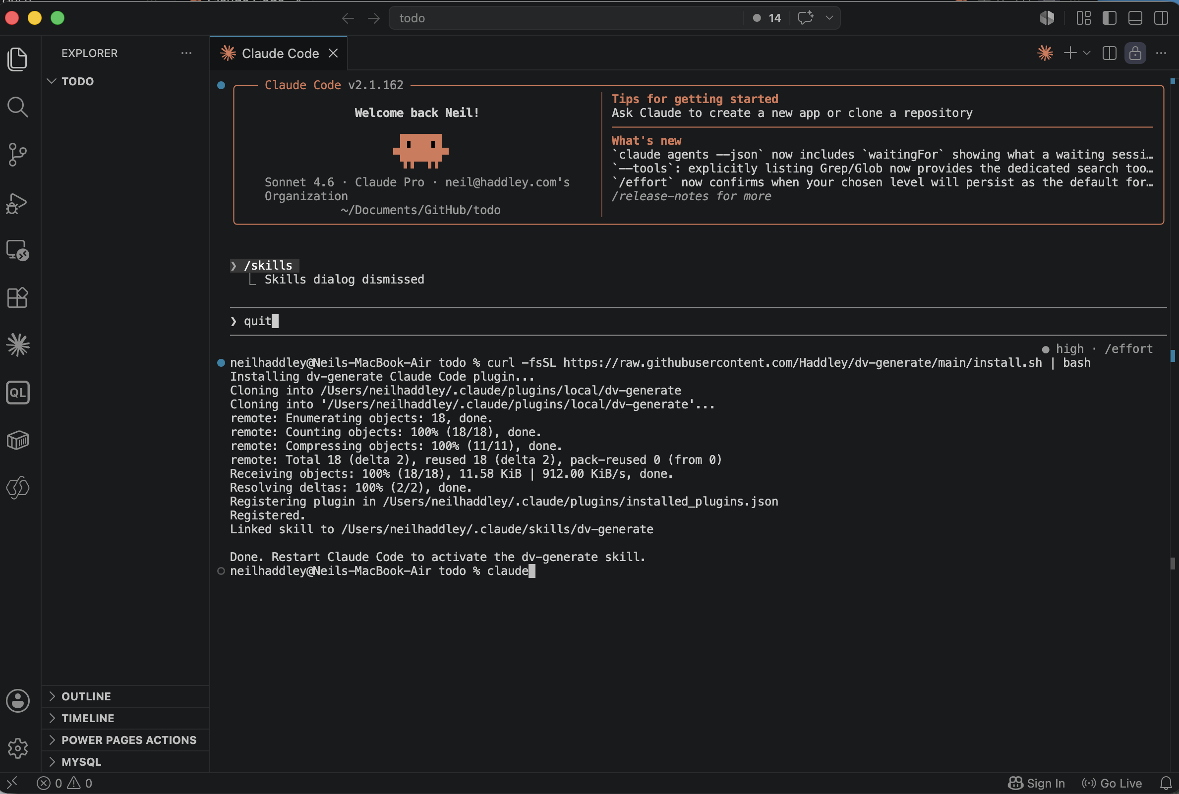 I ran the install script and watched it clone the dv-generate plugin and register it