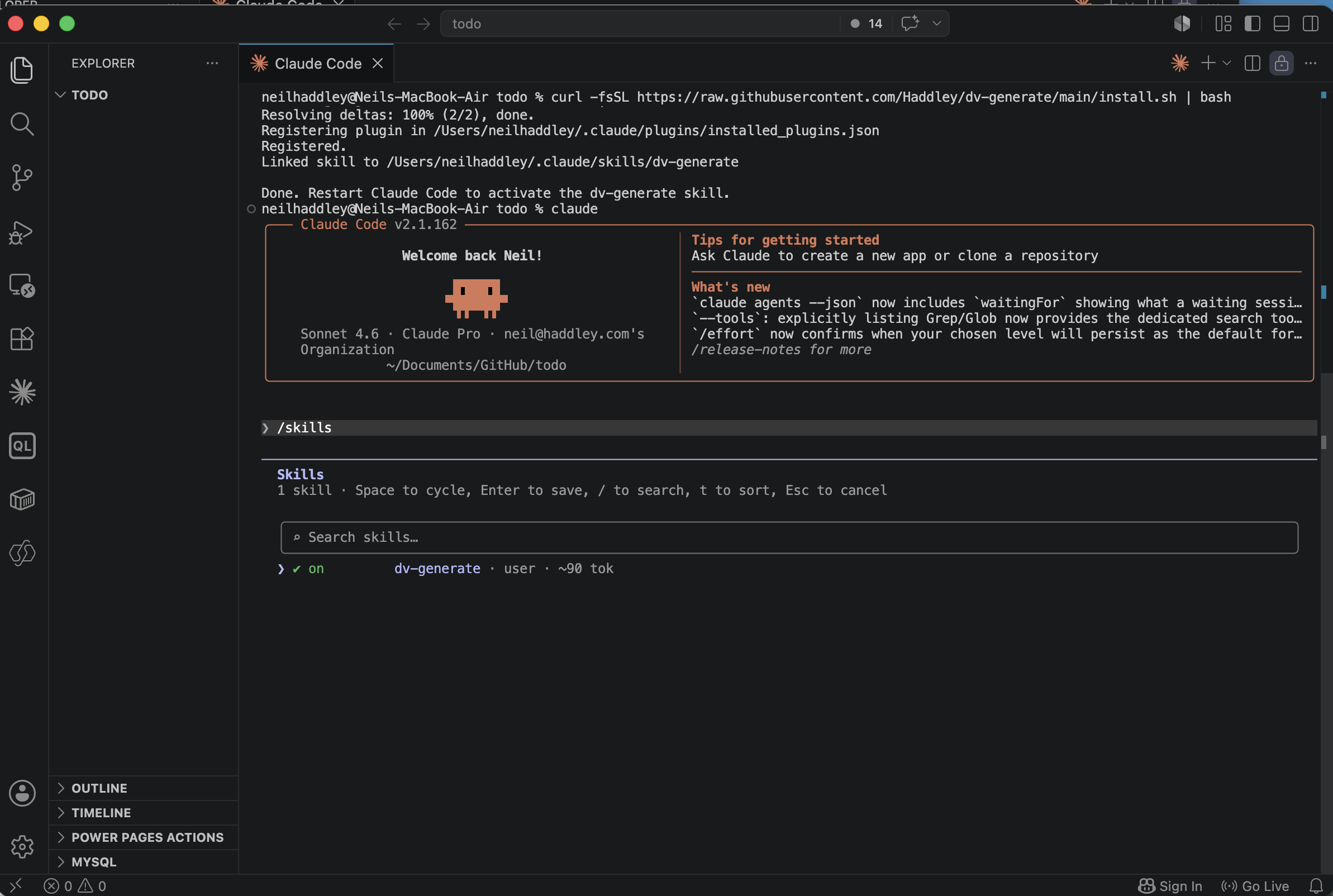 After restarting Claude Code, `/skills` now showed the `dv-generate` skill listed and active