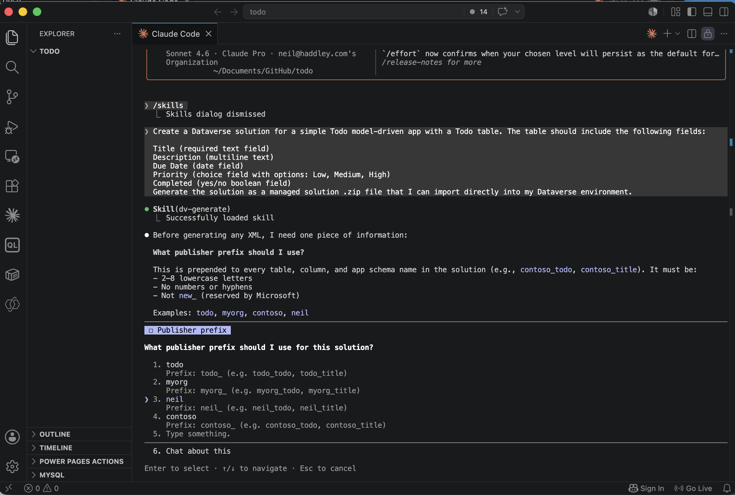 Claude ran my prompt and asked which publisher prefix to use for the solution