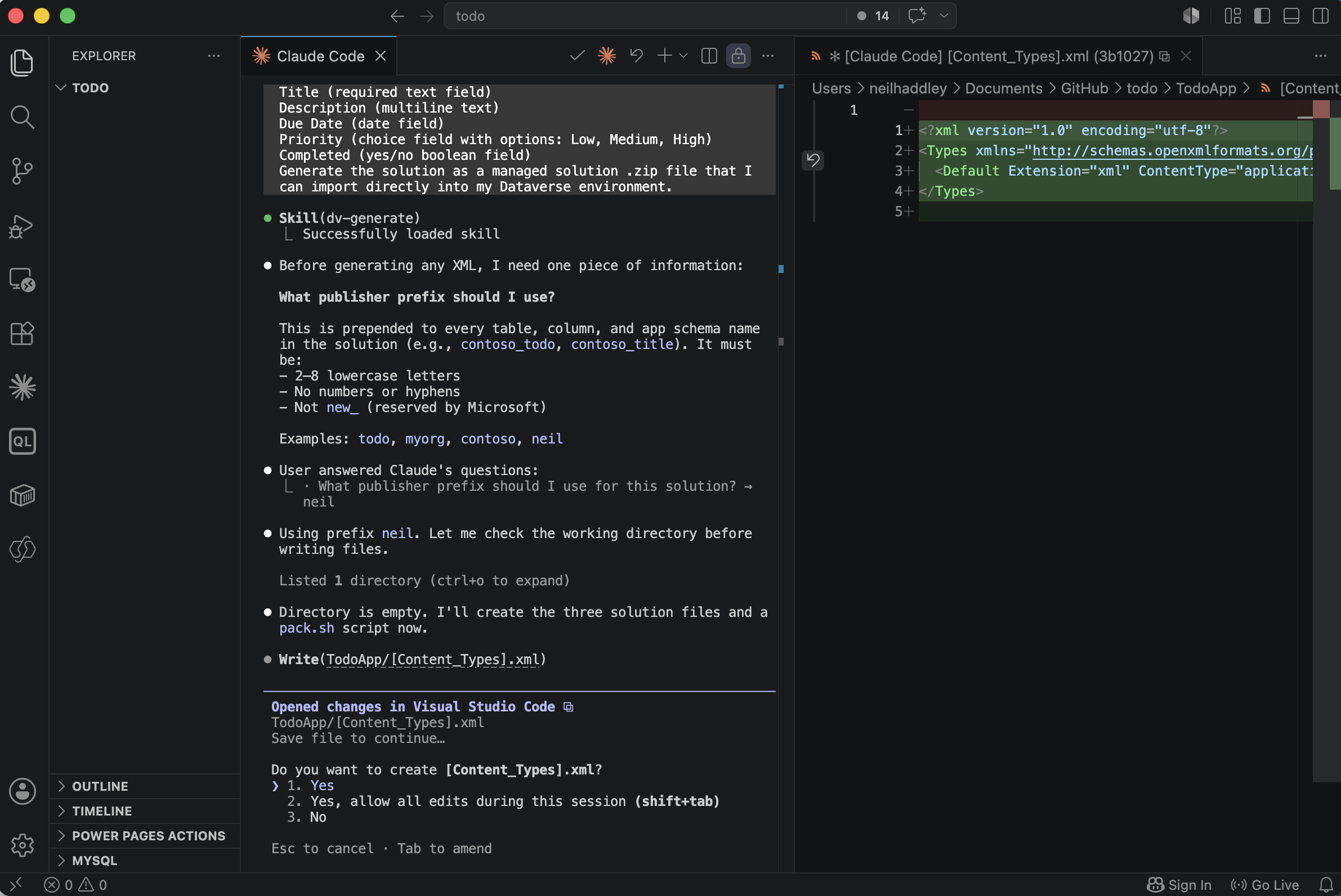 Claude created `[Content_Types].xml` and `solution.xml` and asked me to confirm the file creation