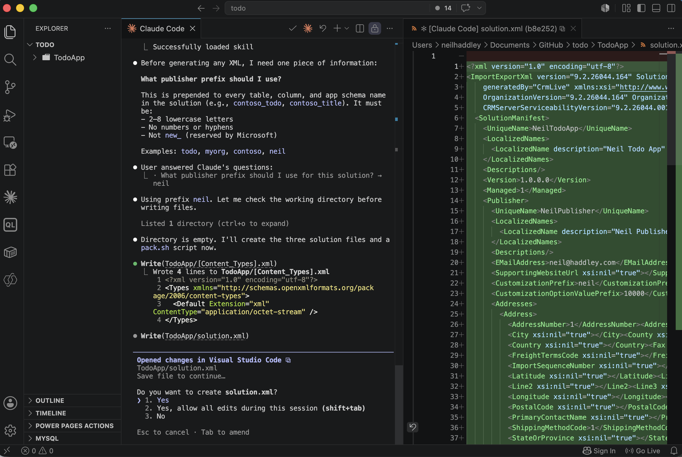 The `solution.xml` file opened in VS Code with my publisher prefix `neil` applied throughout