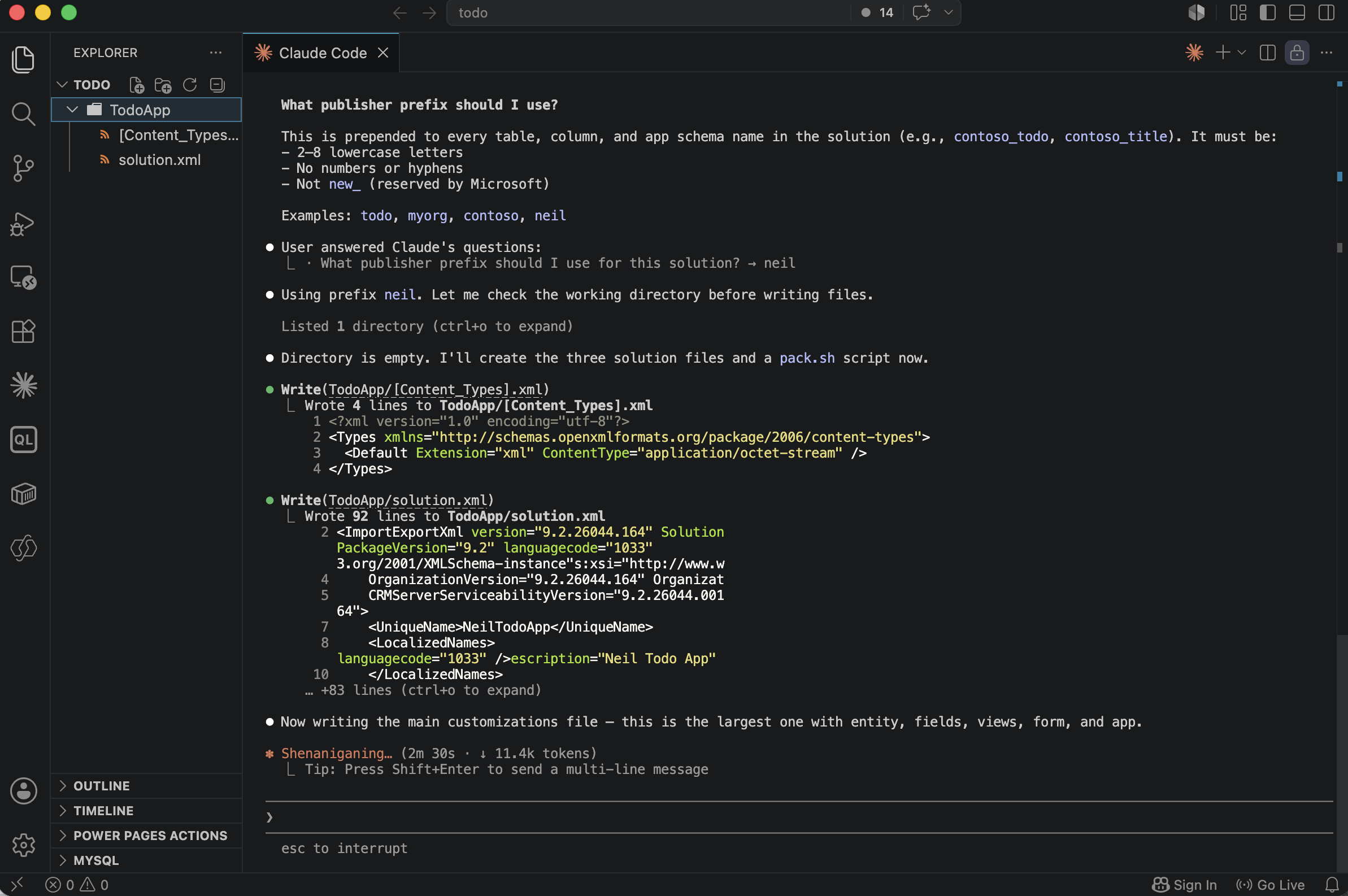 Claude moved on to writing the `customizations.xml` file containing the entity definitions