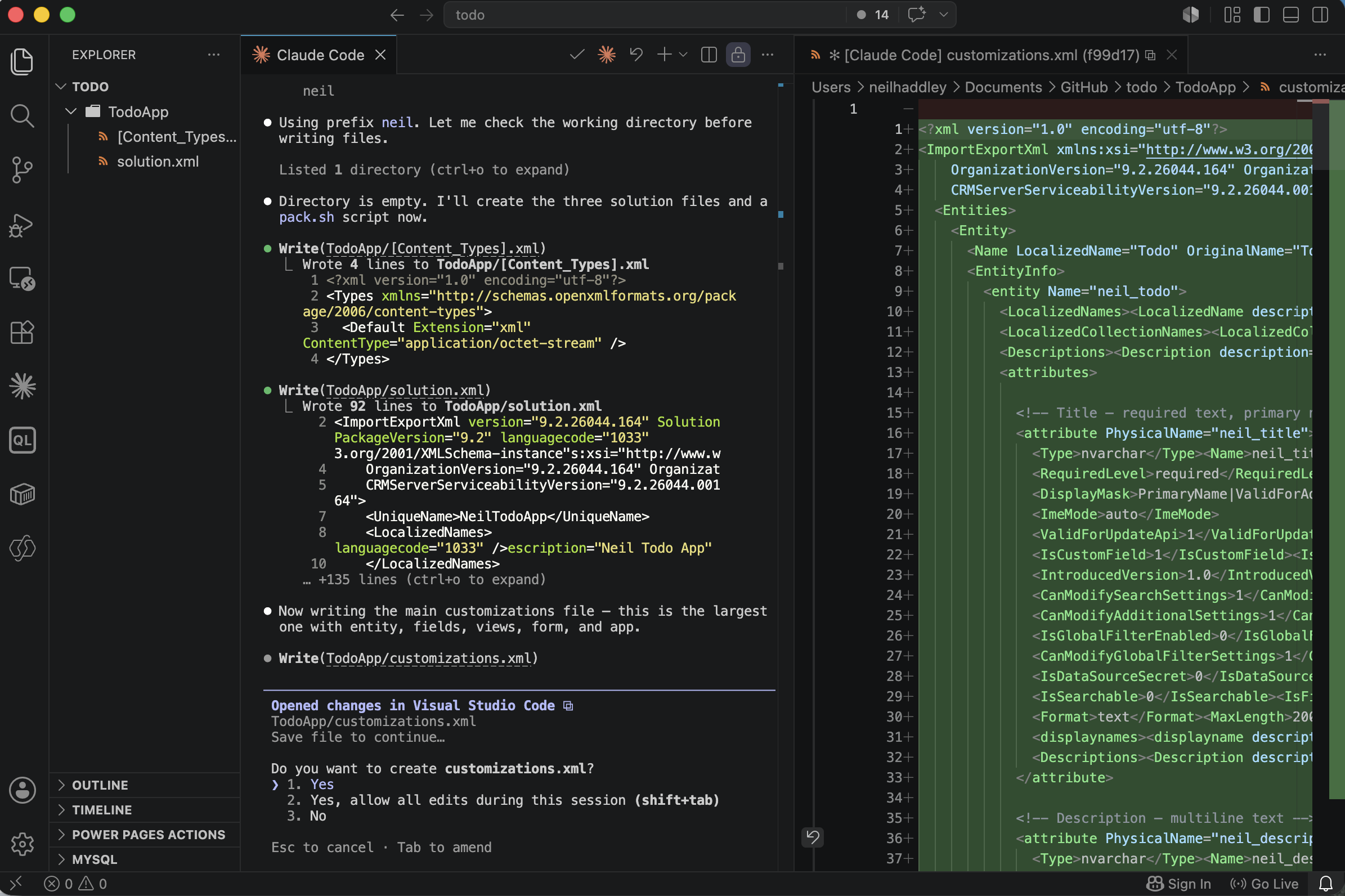 The `customizations.xml` opened in VS Code showing the `neil_todo` table and all its fields