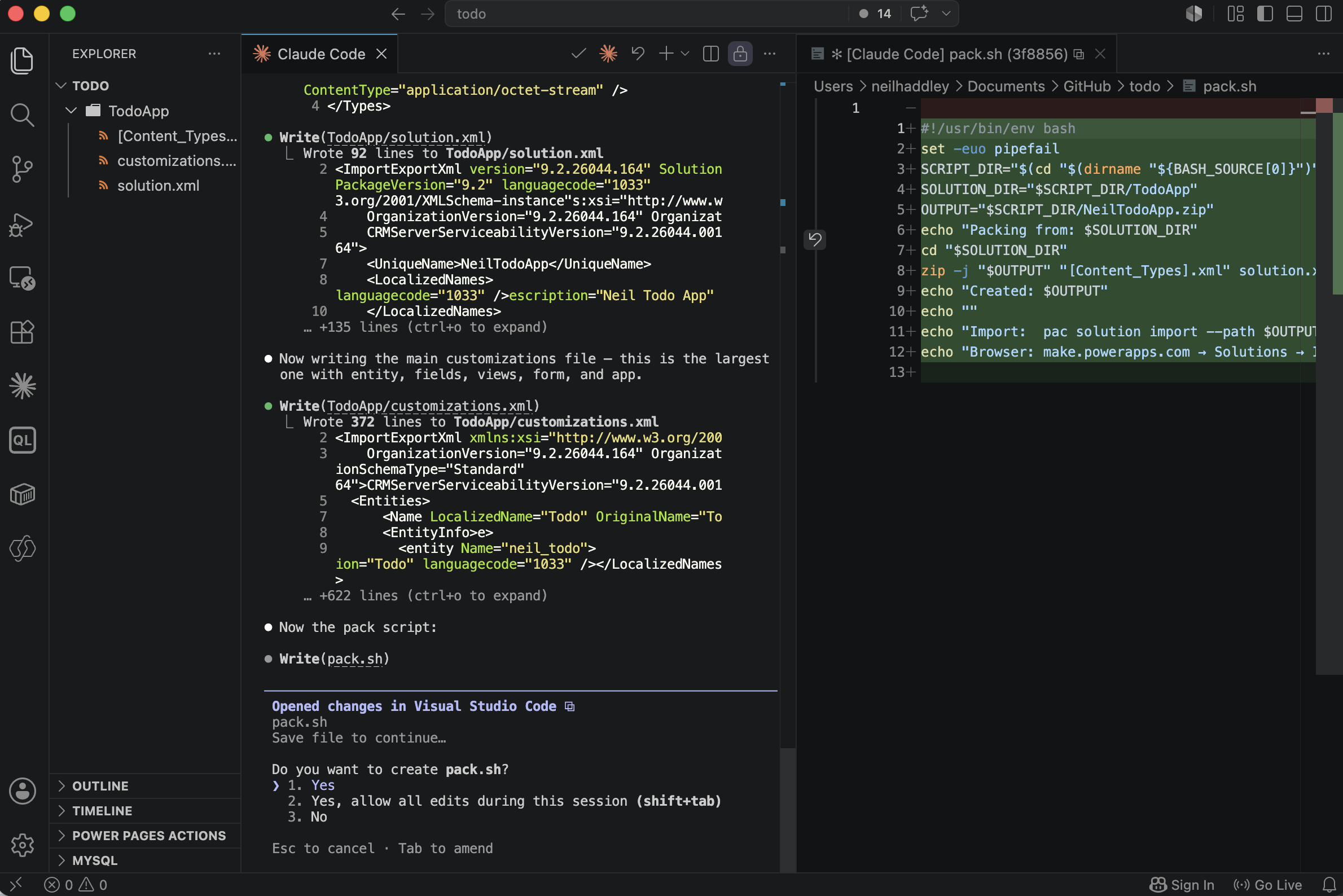 Claude generated `pack.sh`, a script to zip the solution files into a ready-to-import package