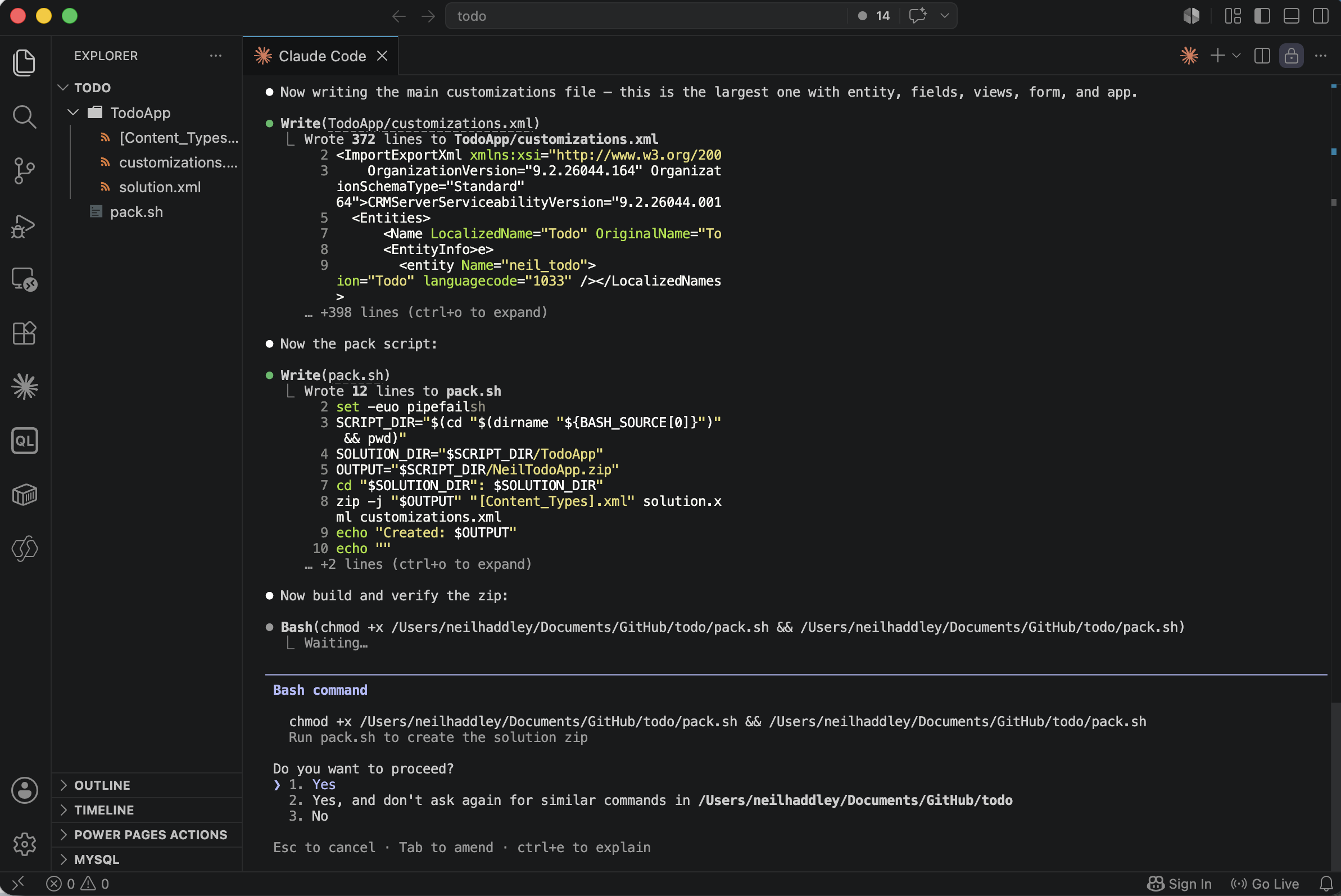 Claude asked permission to run `pack.sh` to build the solution zip