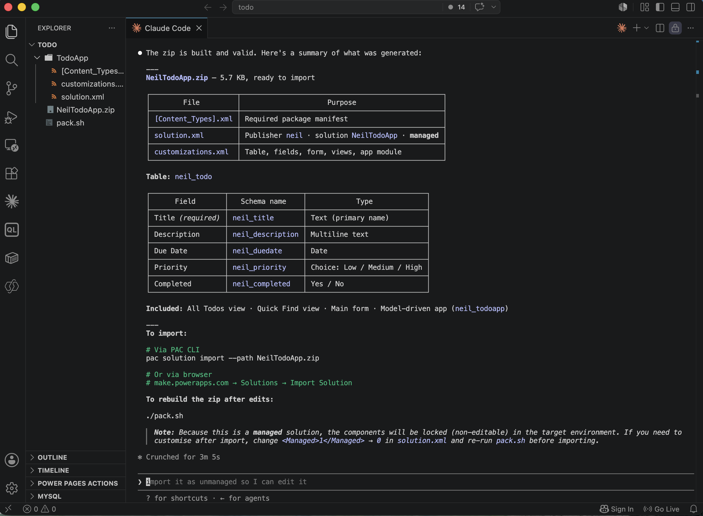 Claude Code generating a Dataverse solution