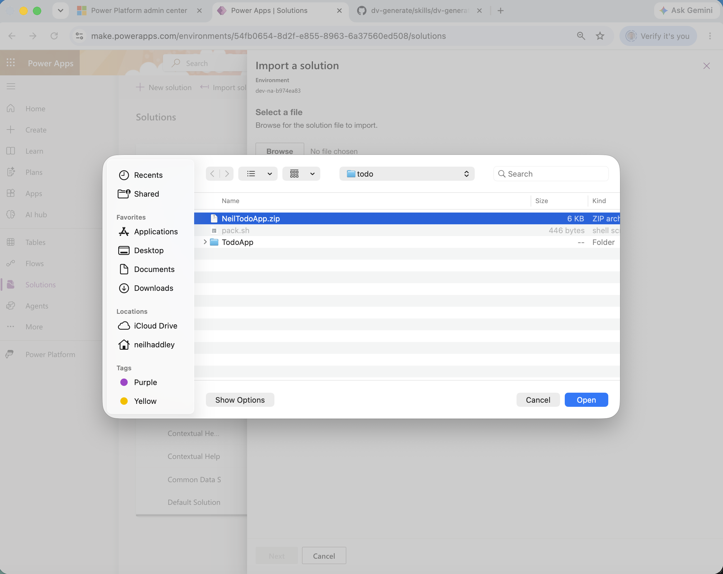 I opened the Power Platform admin center and selected `NeilTodoApp.zip` to import