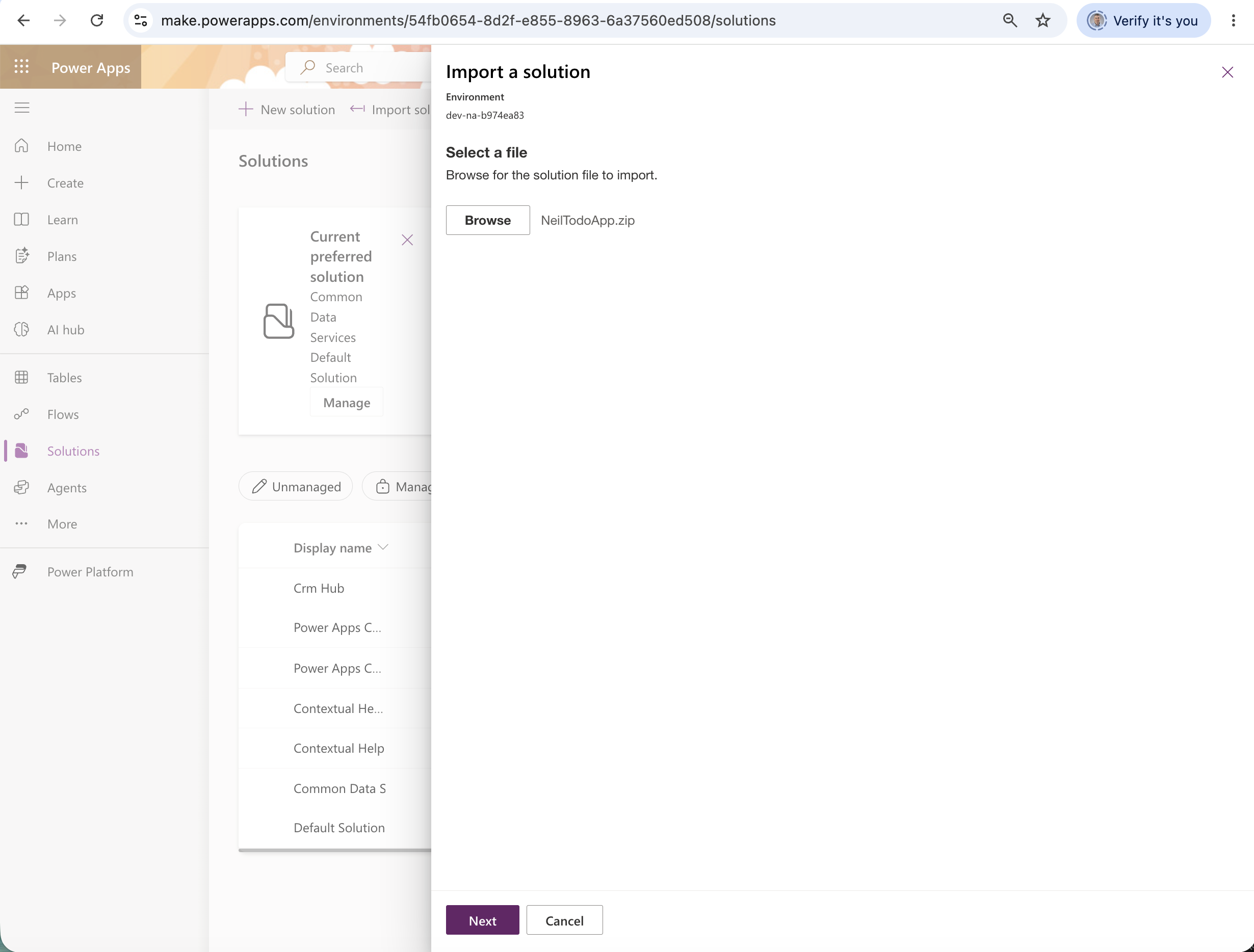 The Import a solution dialog confirmed the file was selected and I clicked Next