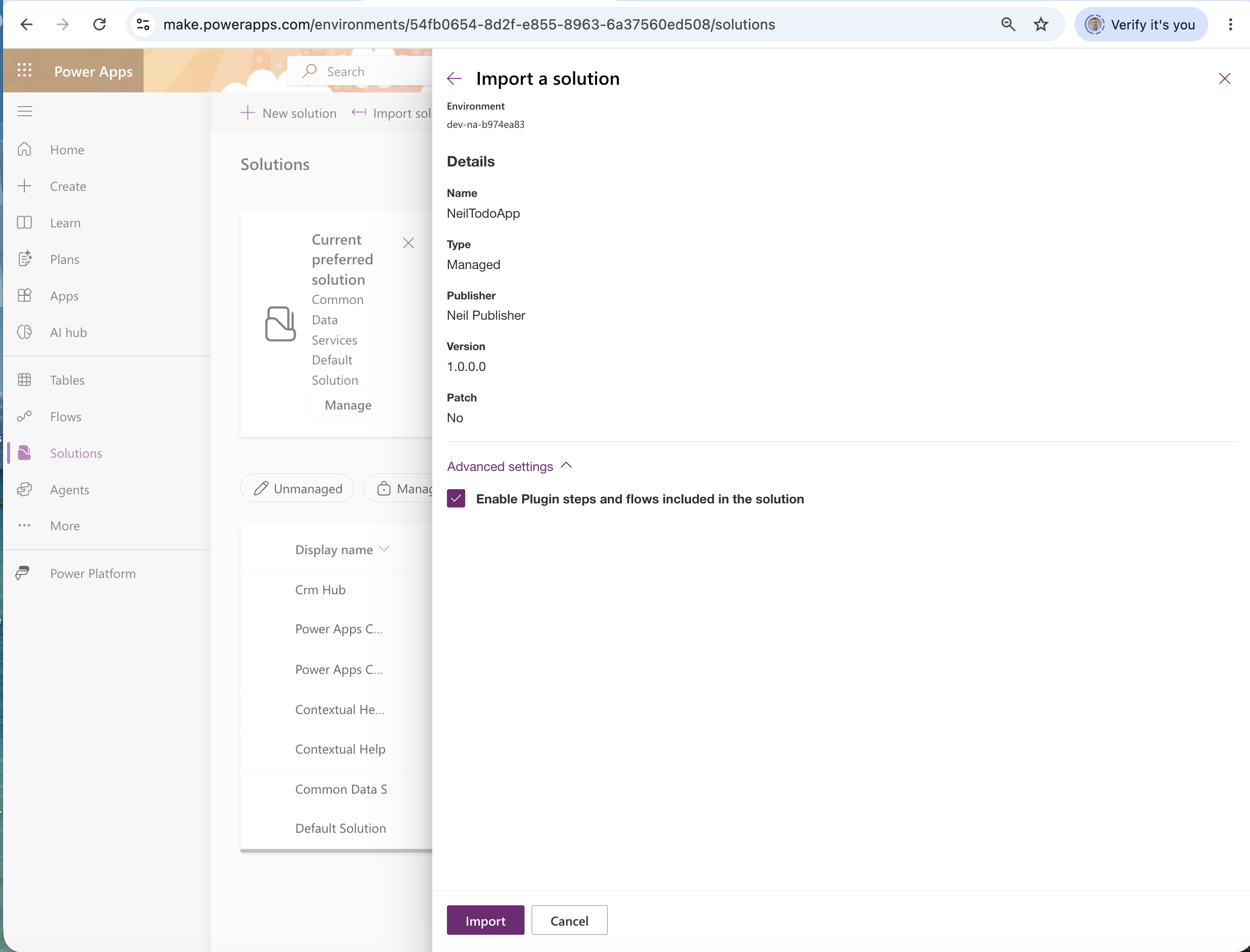The import details showed the solution name, managed type, publisher, and version — I clicked Import