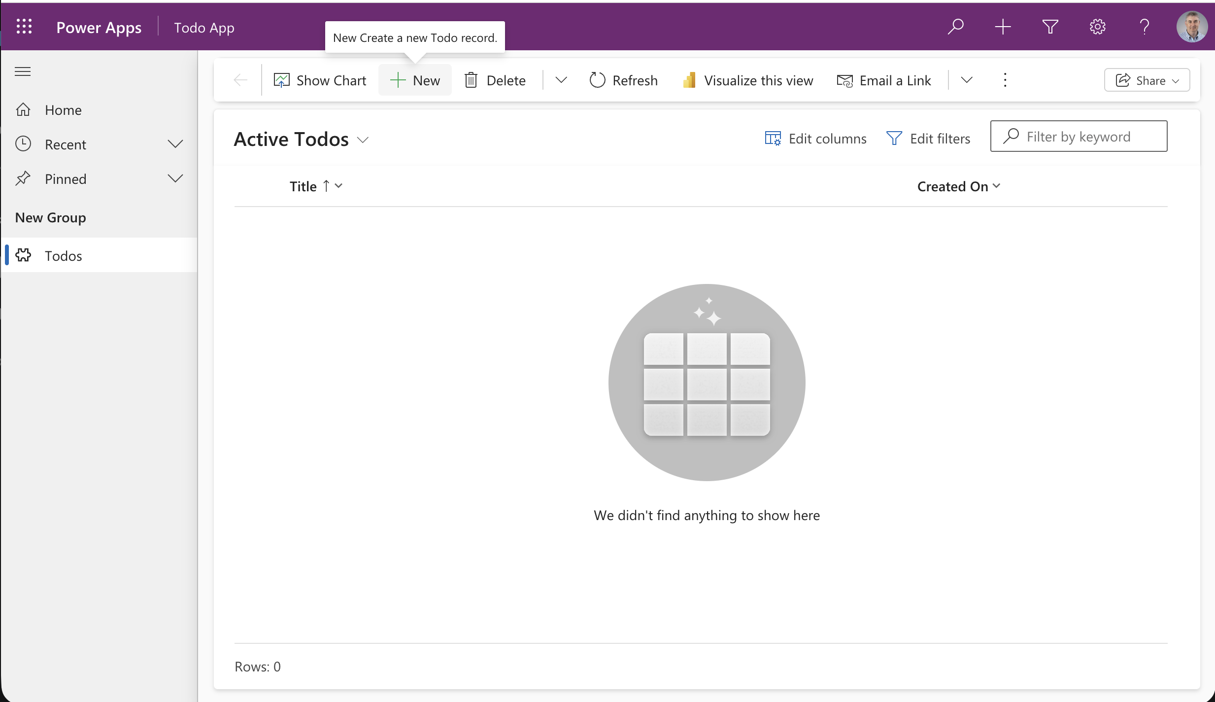 The Todo App model-driven app opened in Power Apps showing an empty Active Todos view
