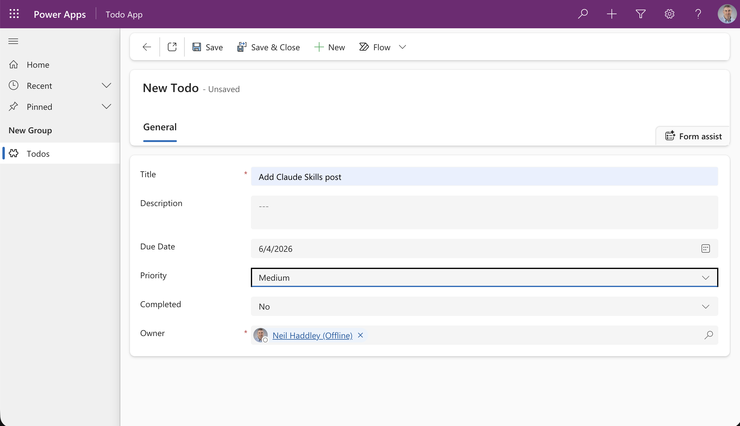 I created a new Todo record with a title, due date, priority, and completed status