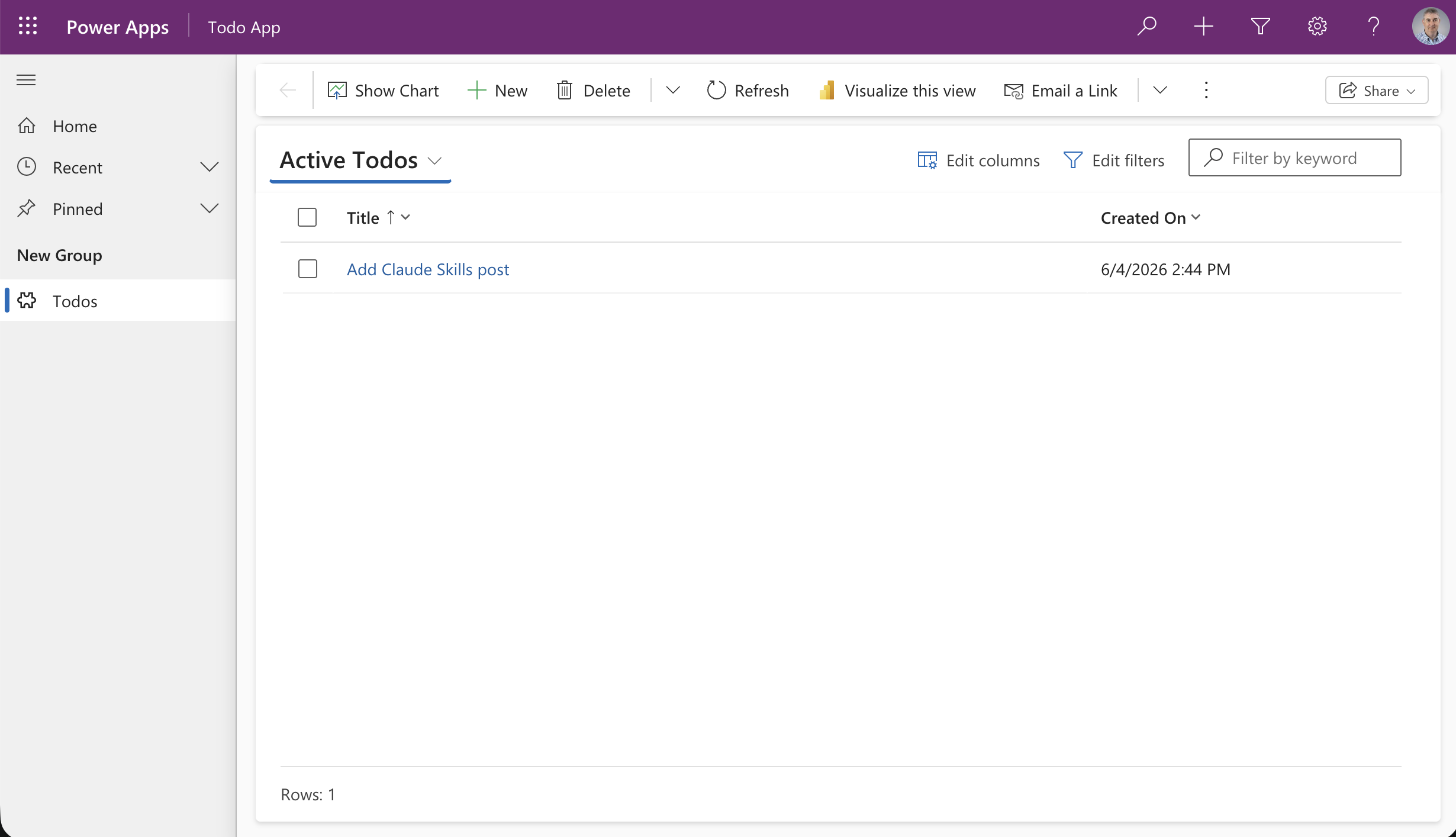 The record saved and appeared in the Active Todos list — the app worked exactly as designed