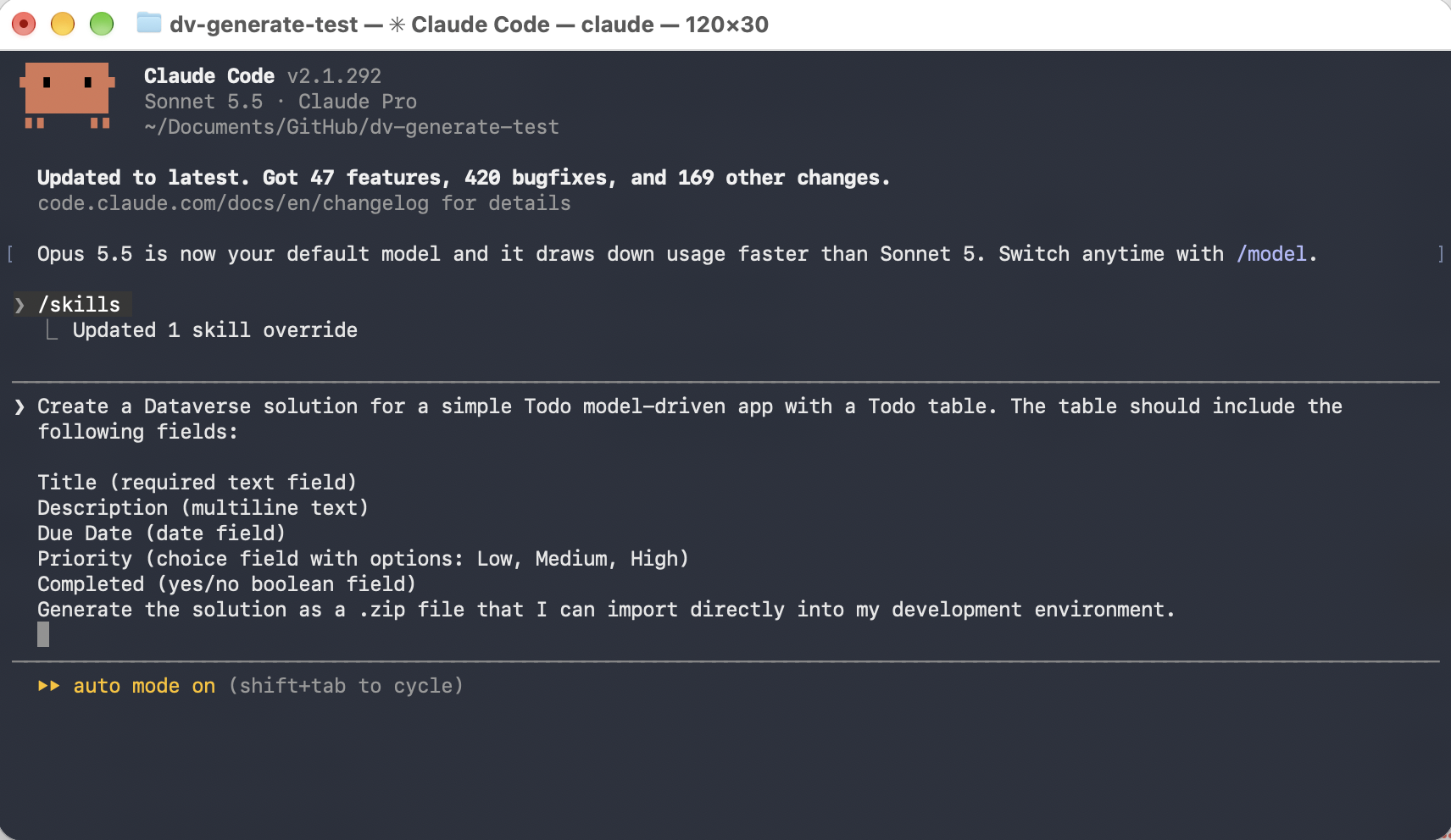 I typed the Todo prompt. It asks for a .zip I can import into my development environment, not a managed solution