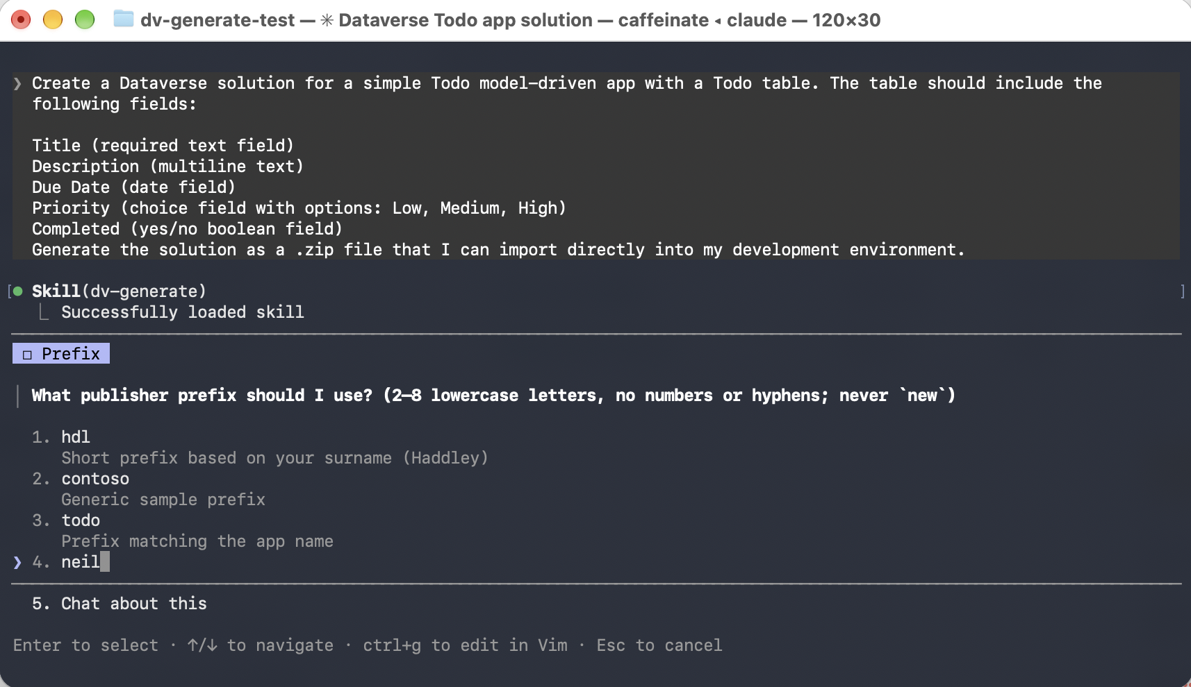 Claude loaded the skill and asked which publisher prefix to use before writing any XML. I chose neil