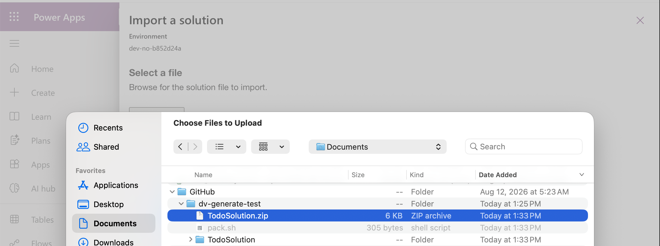 In make.powerapps.com on my development environment, I chose Import solution and picked TodoSolution.zip (6 KB)
