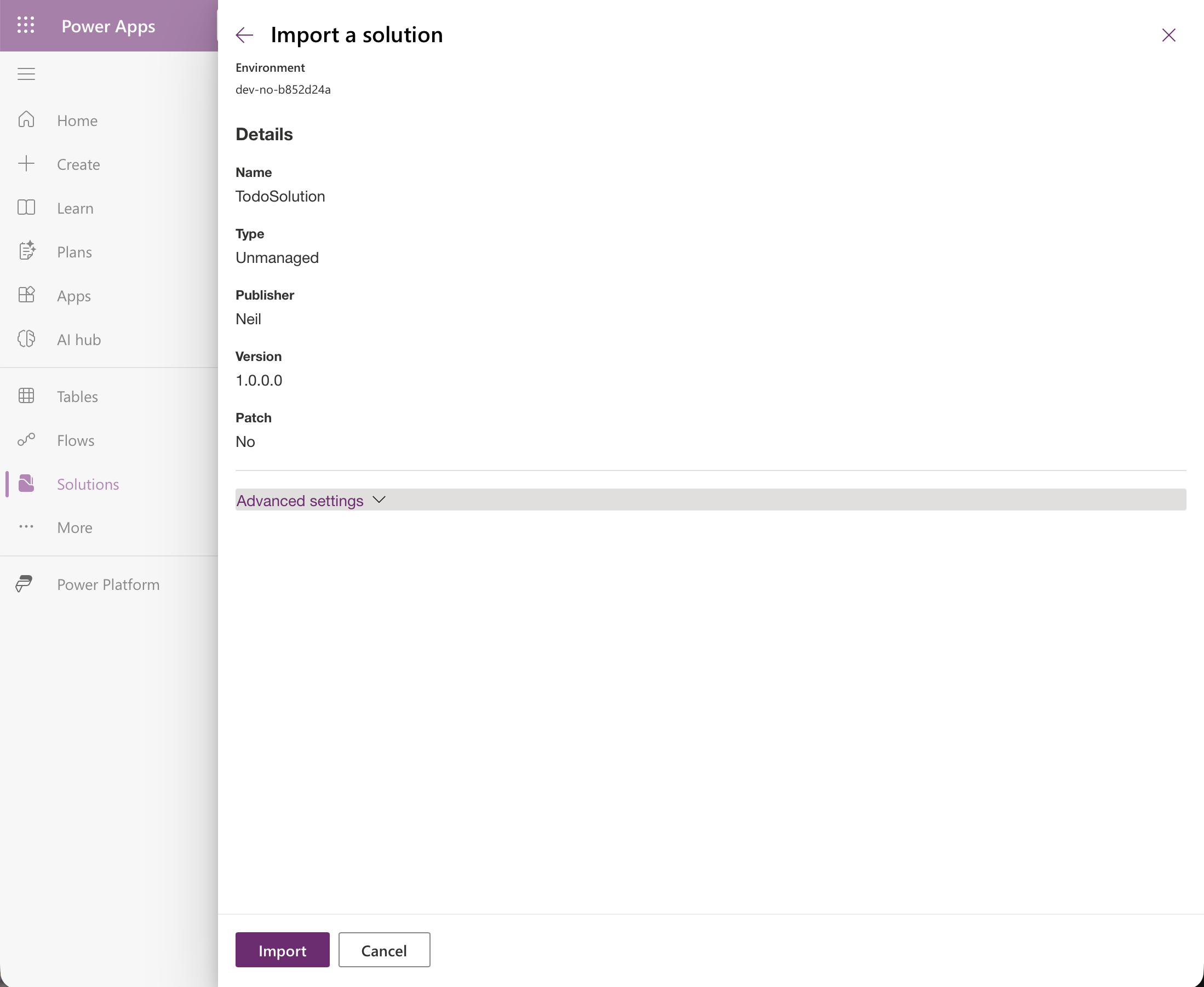 The import details show an Unmanaged solution from publisher Neil, version 1.0.0.0