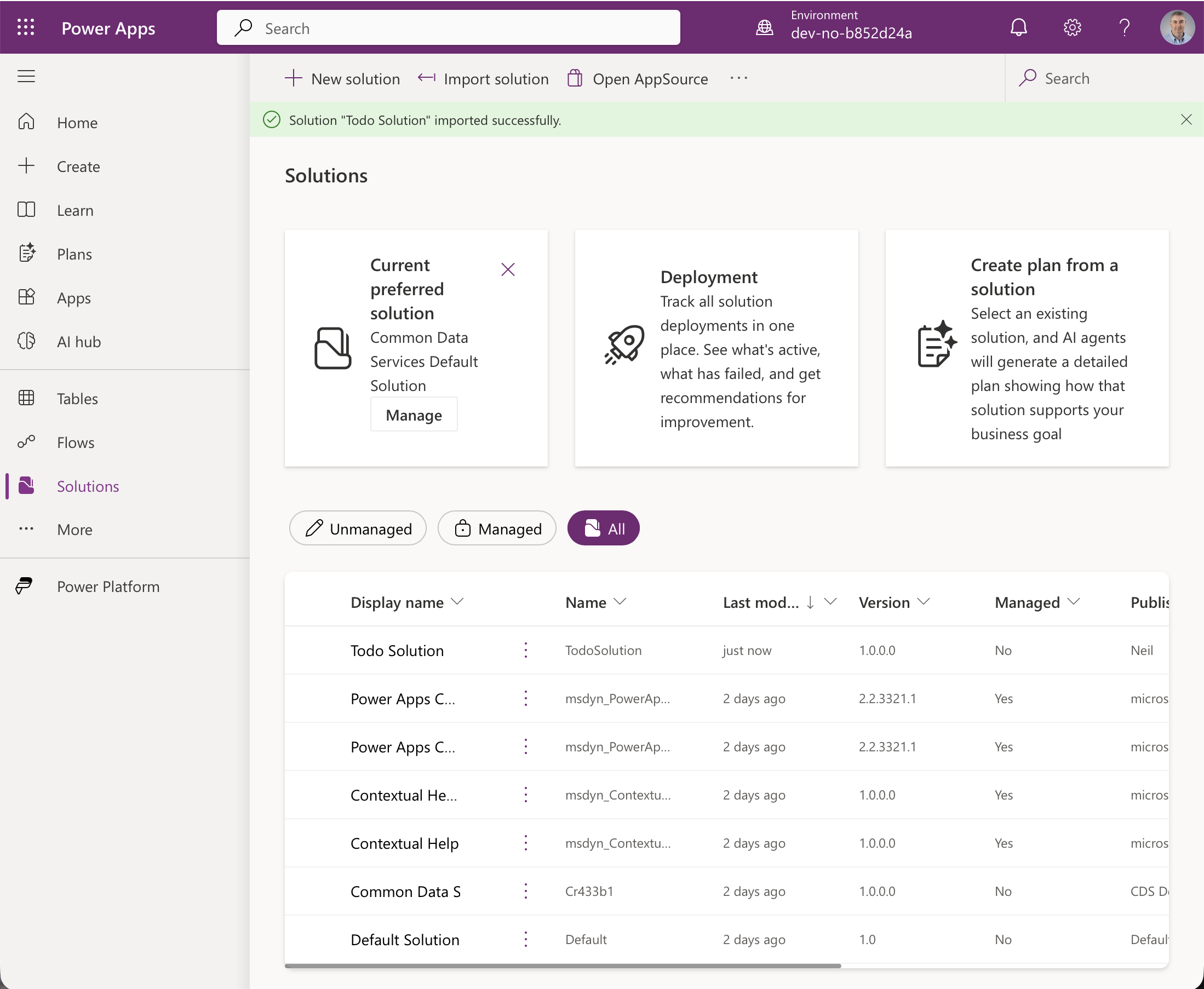 The solution imported successfully and is listed with Managed set to No