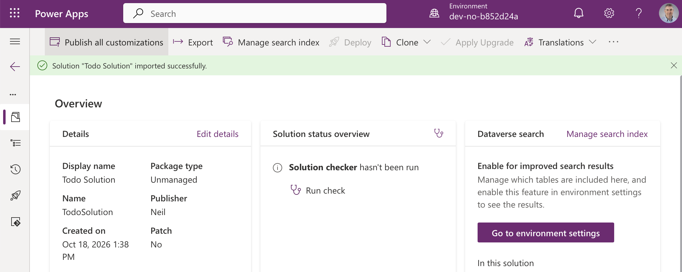 The solution overview confirms the package type is Unmanaged