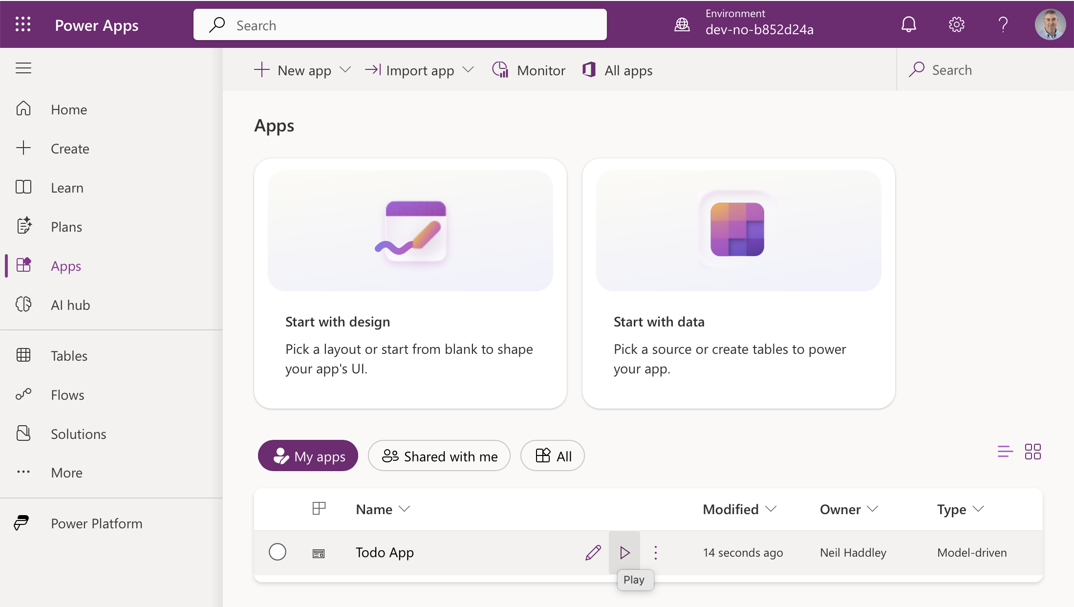 The Todo App model-driven app appeared in Apps