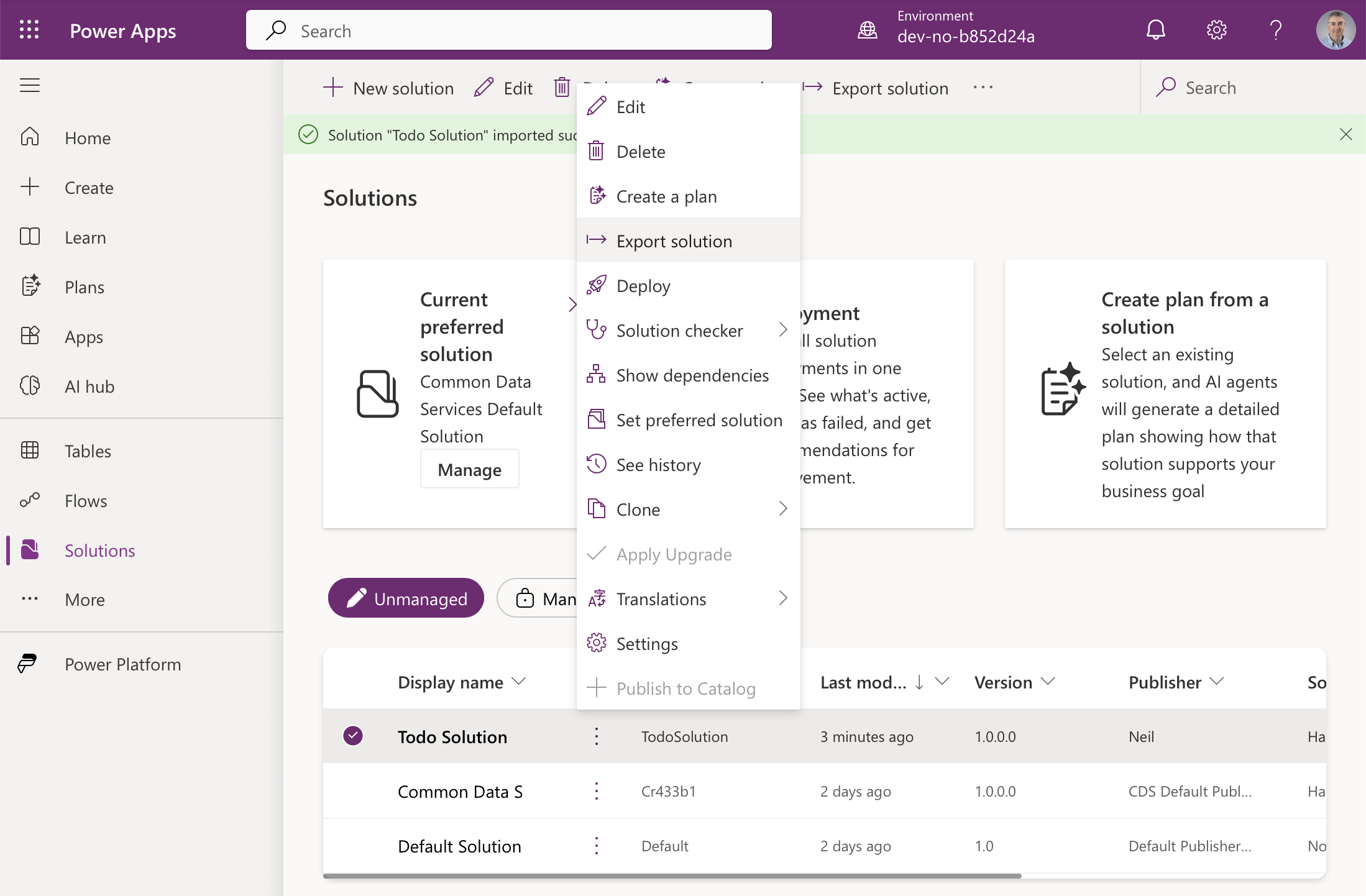To move the solution on, I selected it in the development environment and chose Export solution
