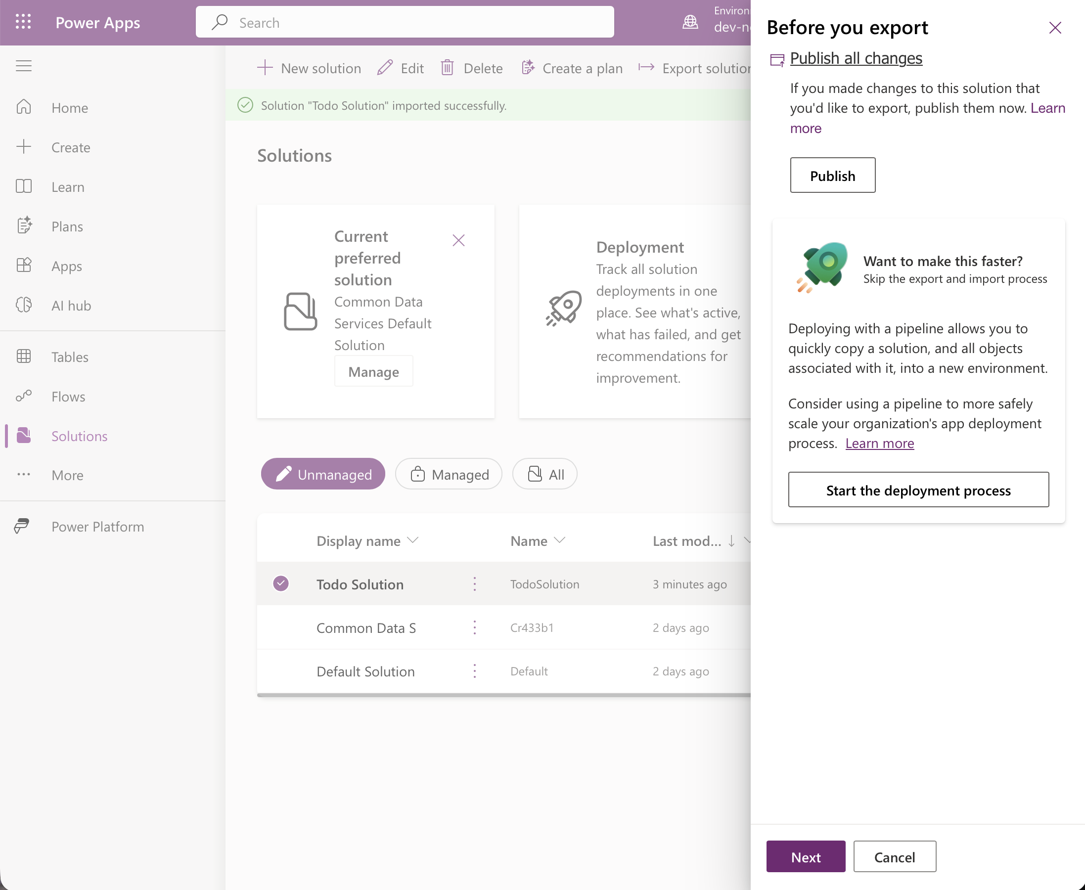The export panel starts by asking to publish all changes