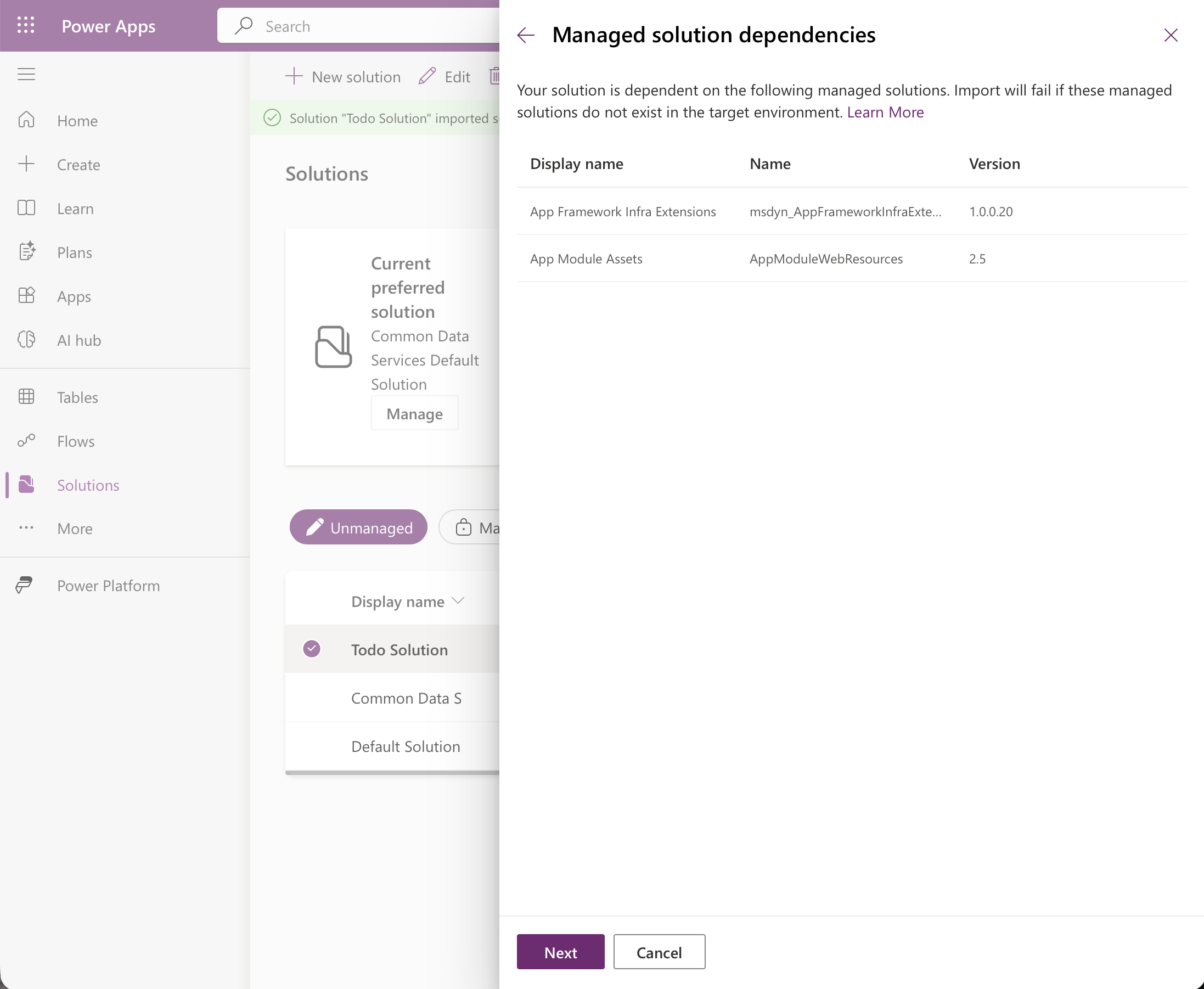 It lists the managed solutions the target environment must already have: App Framework Infra Extensions and App Module Assets. This comes from the MissingDependencies block in solution.xml