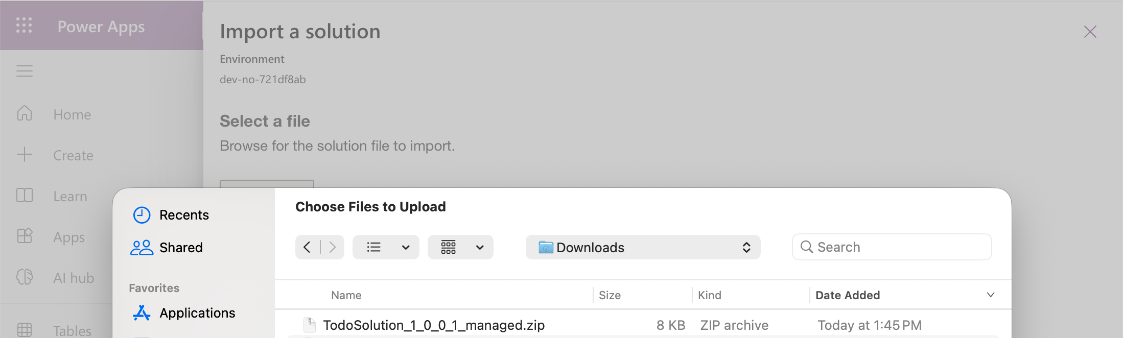 In that environment I chose Import solution and picked the downloaded TodoSolution_1_0_0_1_managed.zip (8 KB)