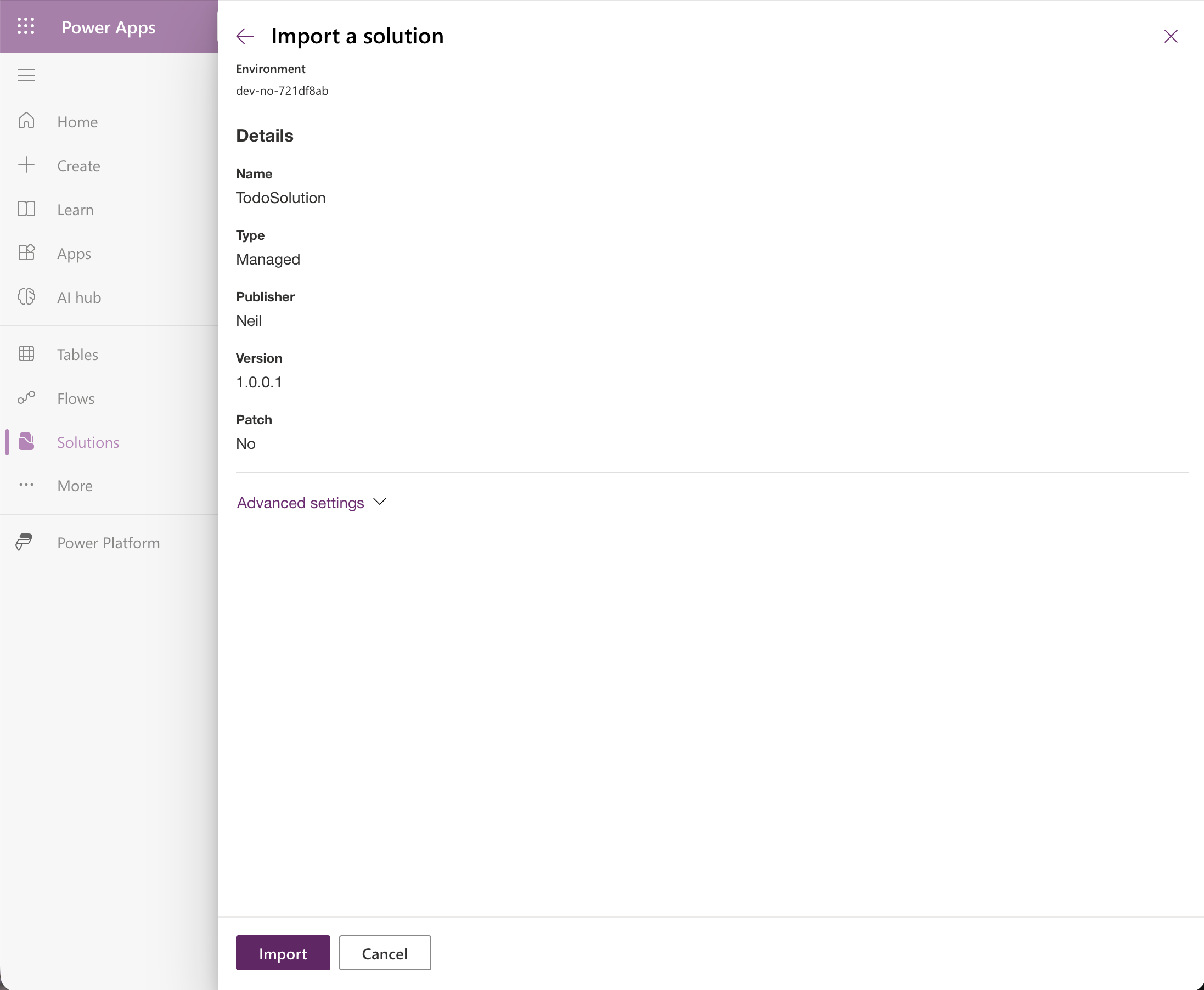 The import details say Managed, version 1.0.0.1