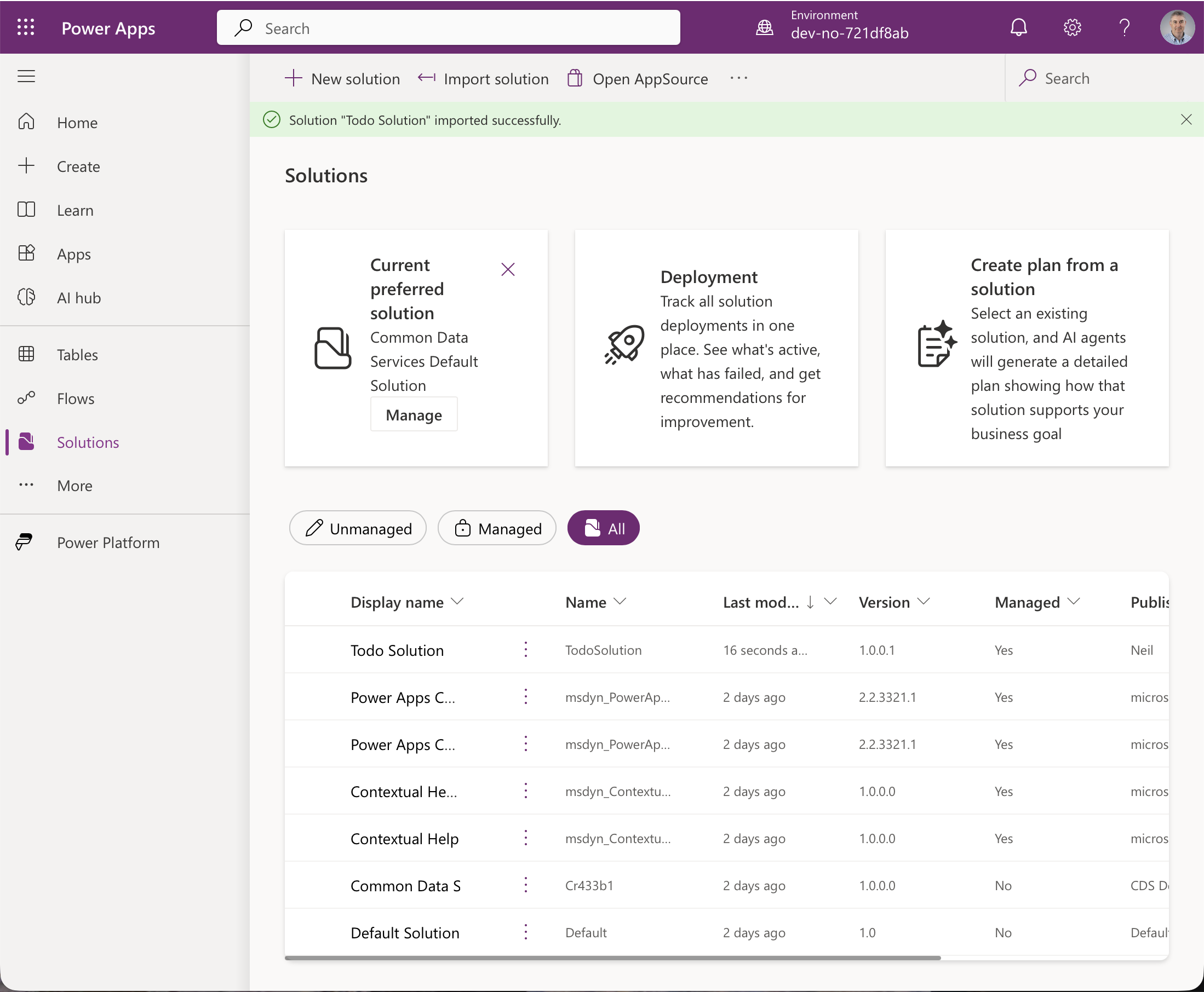 The solution imported and shows Managed set to Yes