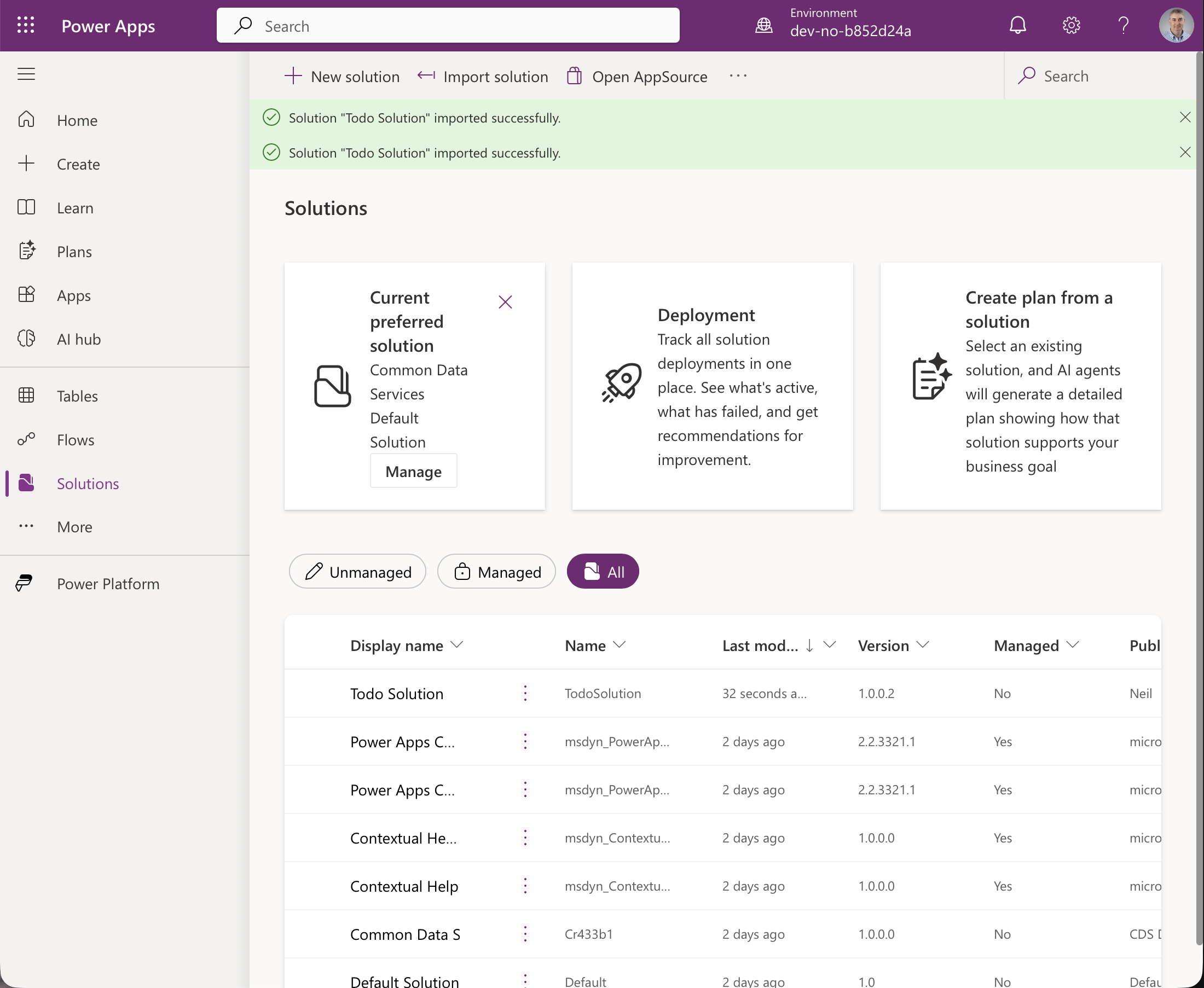 The development environment lists version 1.0.0.2, still unmanaged