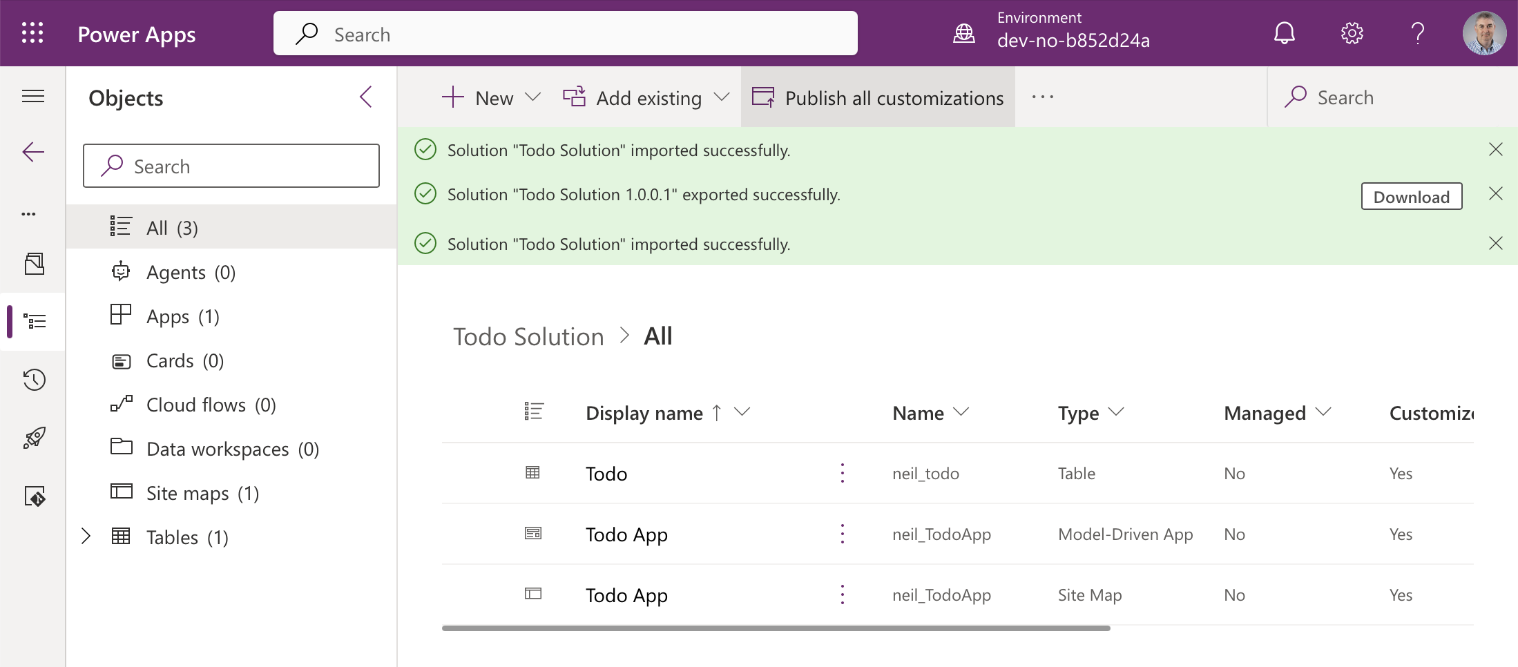The solution contains the Todo table, the app and its site map
