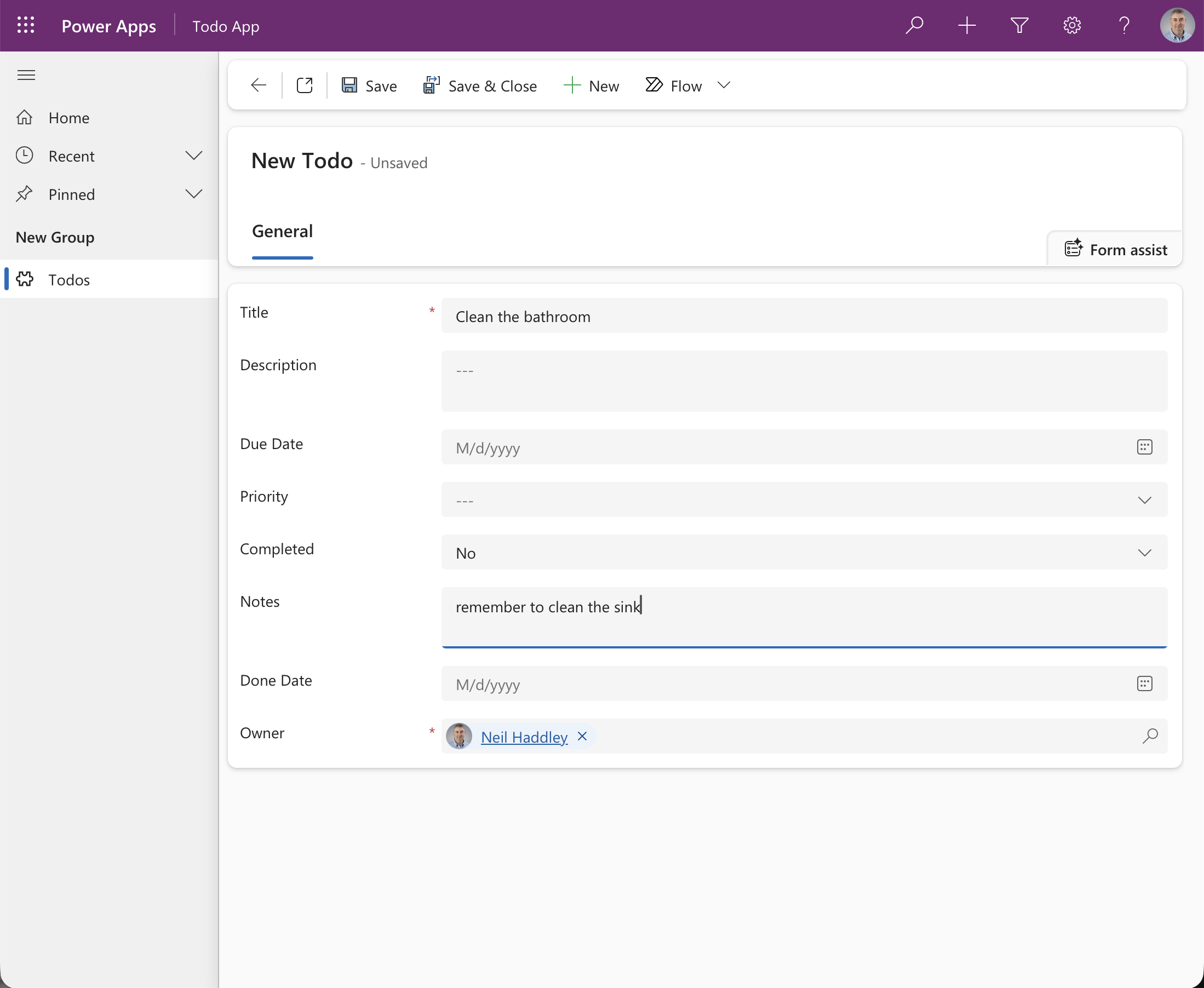 The form has Notes and Done Date fields. I created a second record