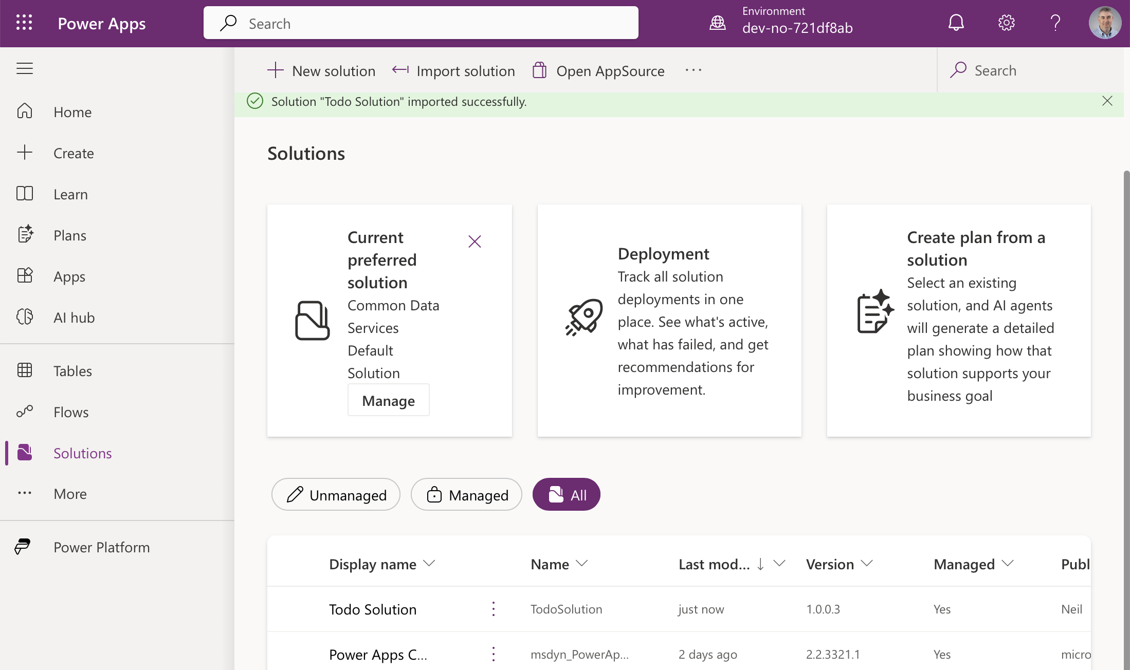 The second environment lists version 1.0.0.3, Managed Yes