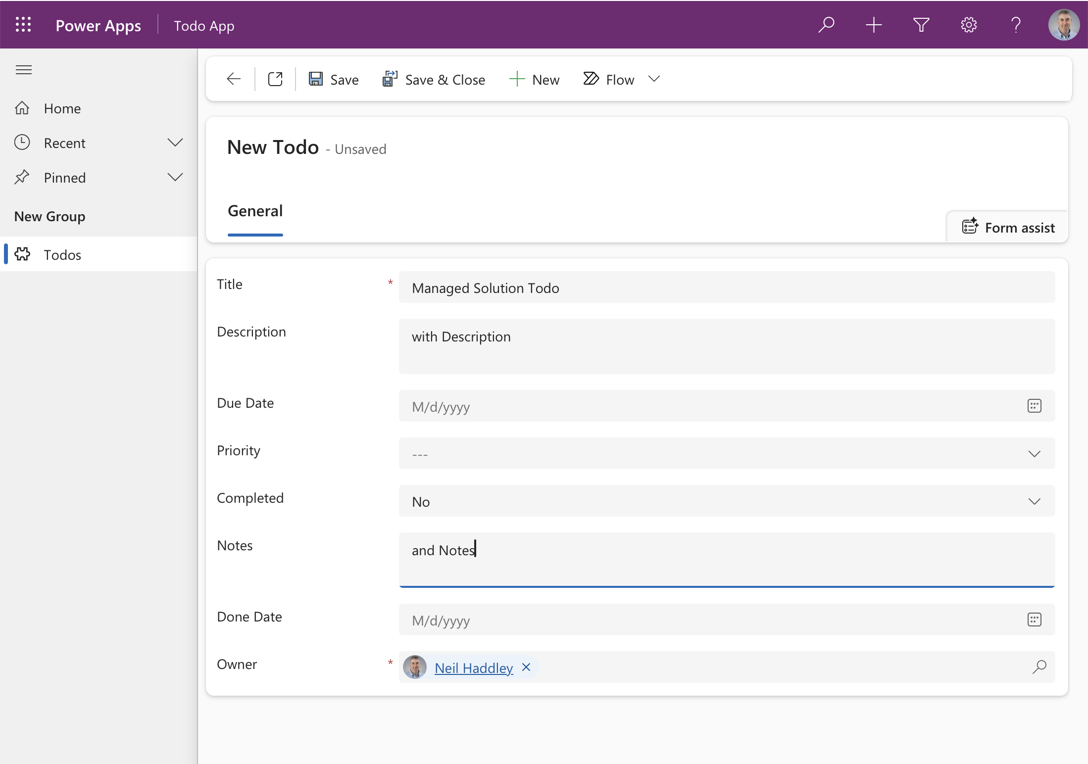 The managed app's form shows Notes and Done Date