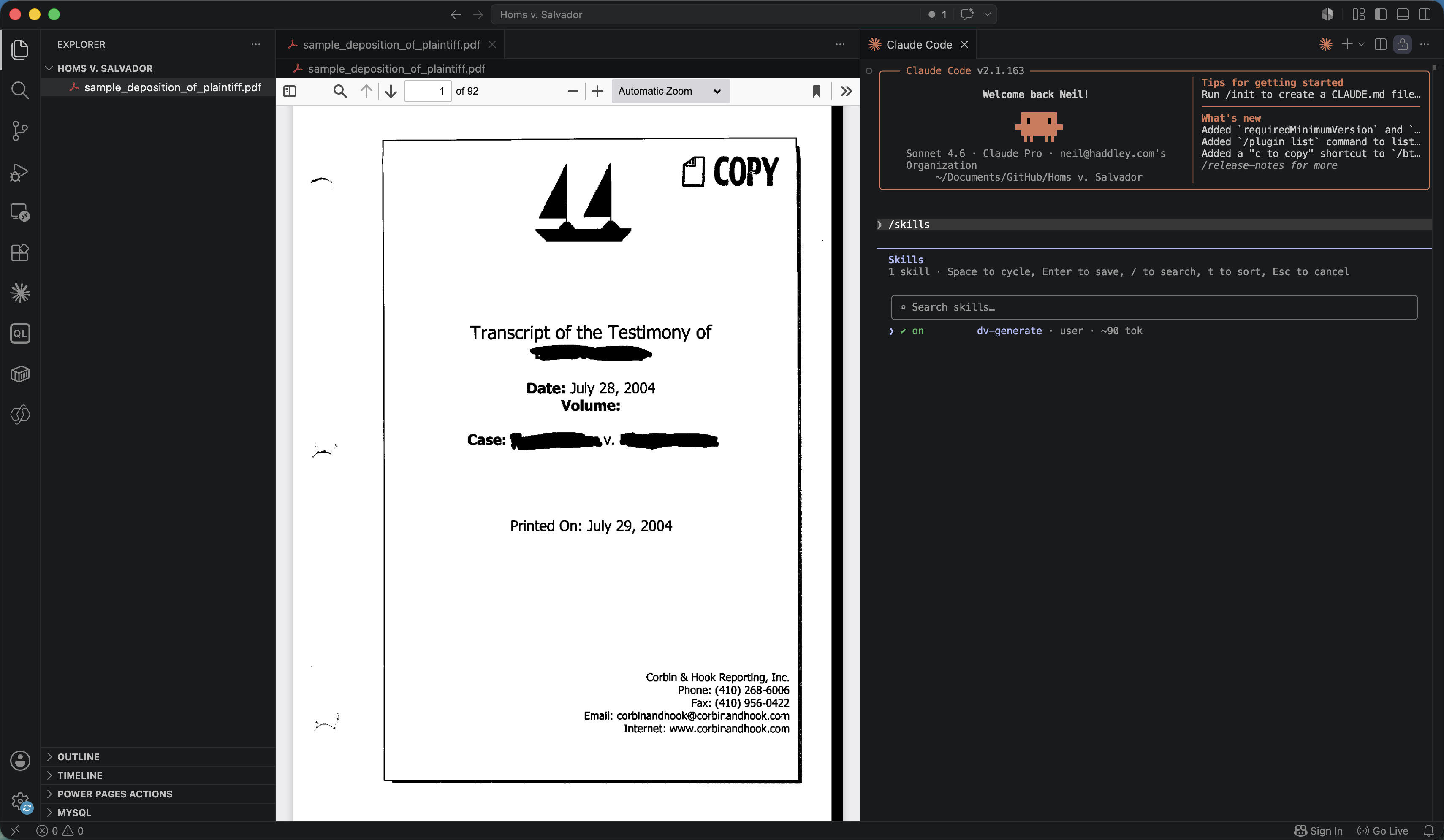 I opened the deposition transcript in VS Code and ran /skills to see the available skills