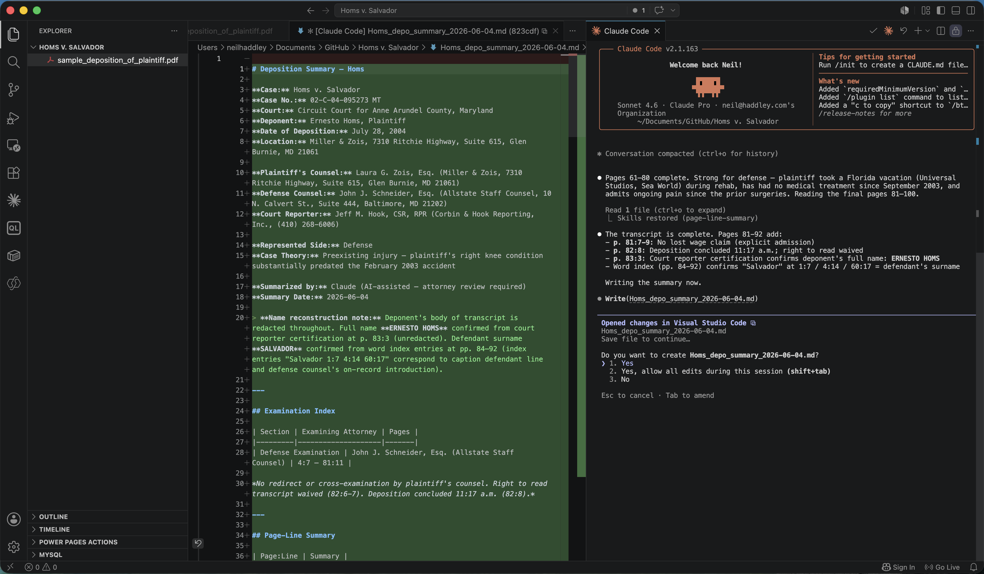 The skill saved the summary as a Markdown file in the same directory as the transcript