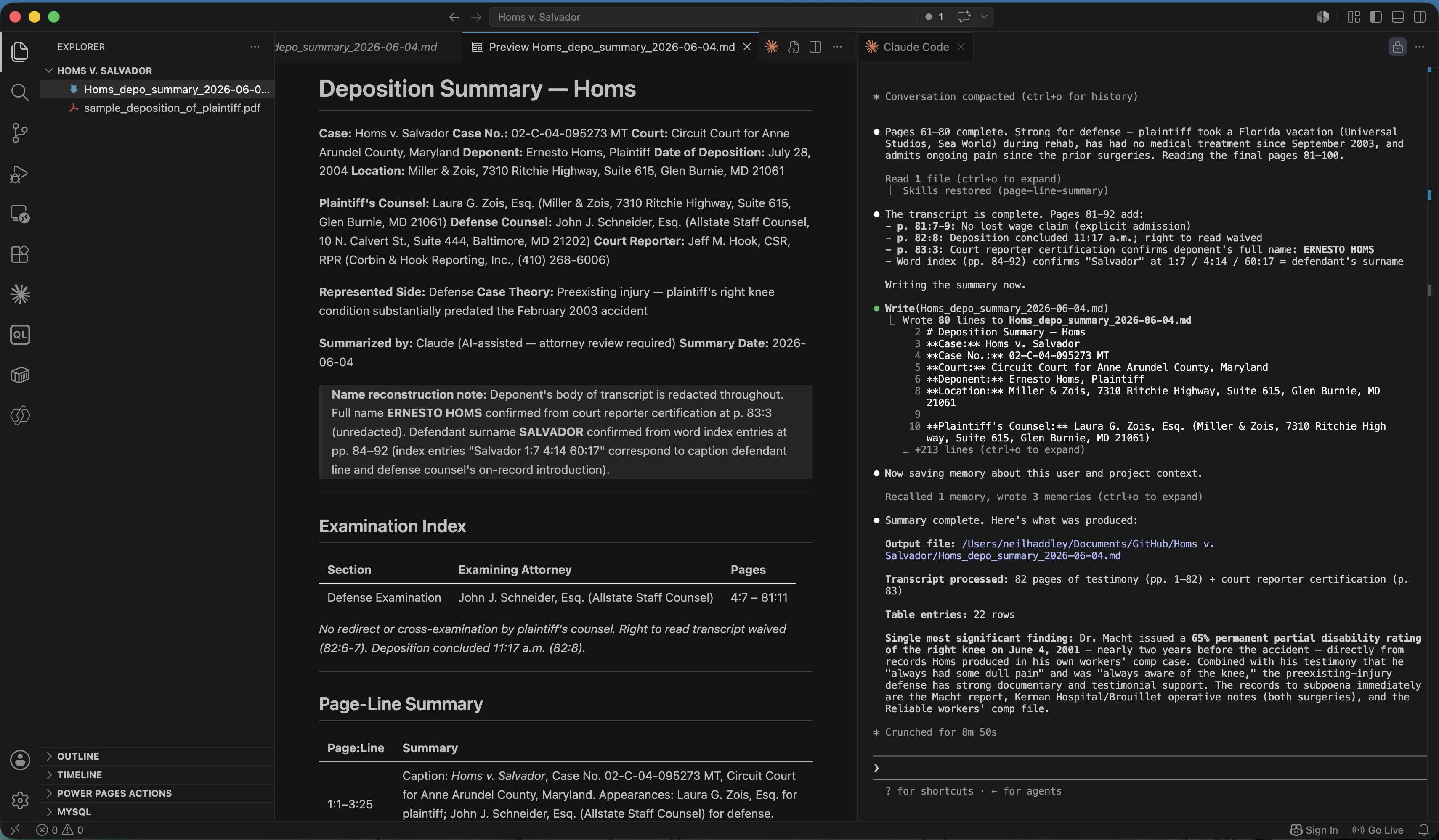 The formatted summary rendered with the case caption, examination index, page-line table, and key takeaways