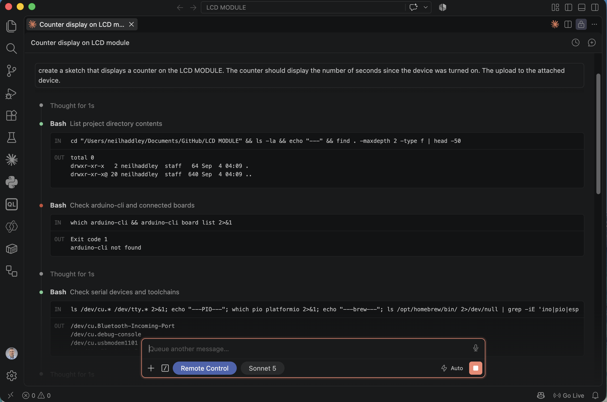 Claude listed the empty project directory, found `arduino-cli` missing, then checked `/dev/cu.*` for serial devices