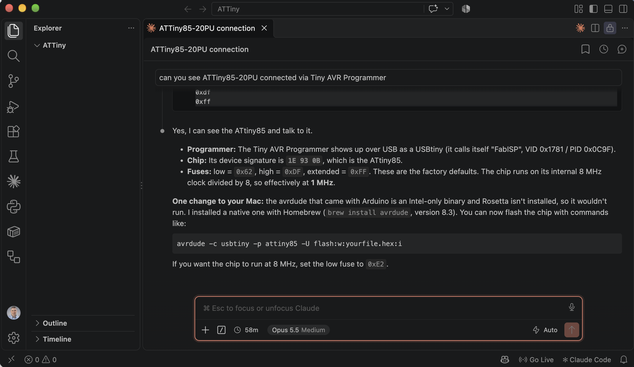 Claude identified the programmer, the ATtiny85 signature, and the factory fuse settings