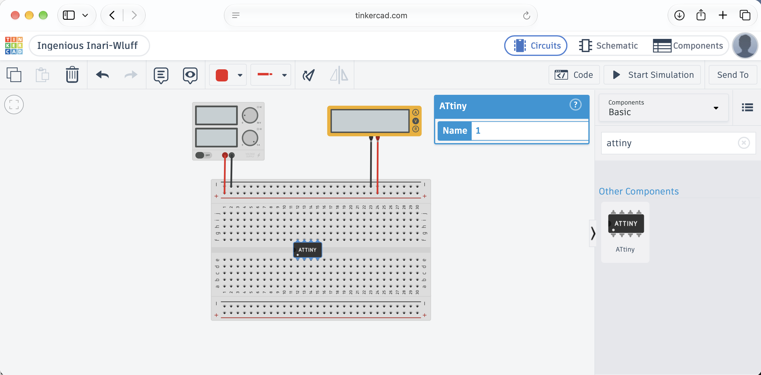 The ATtiny placed on the breadboard and named in its properties panel