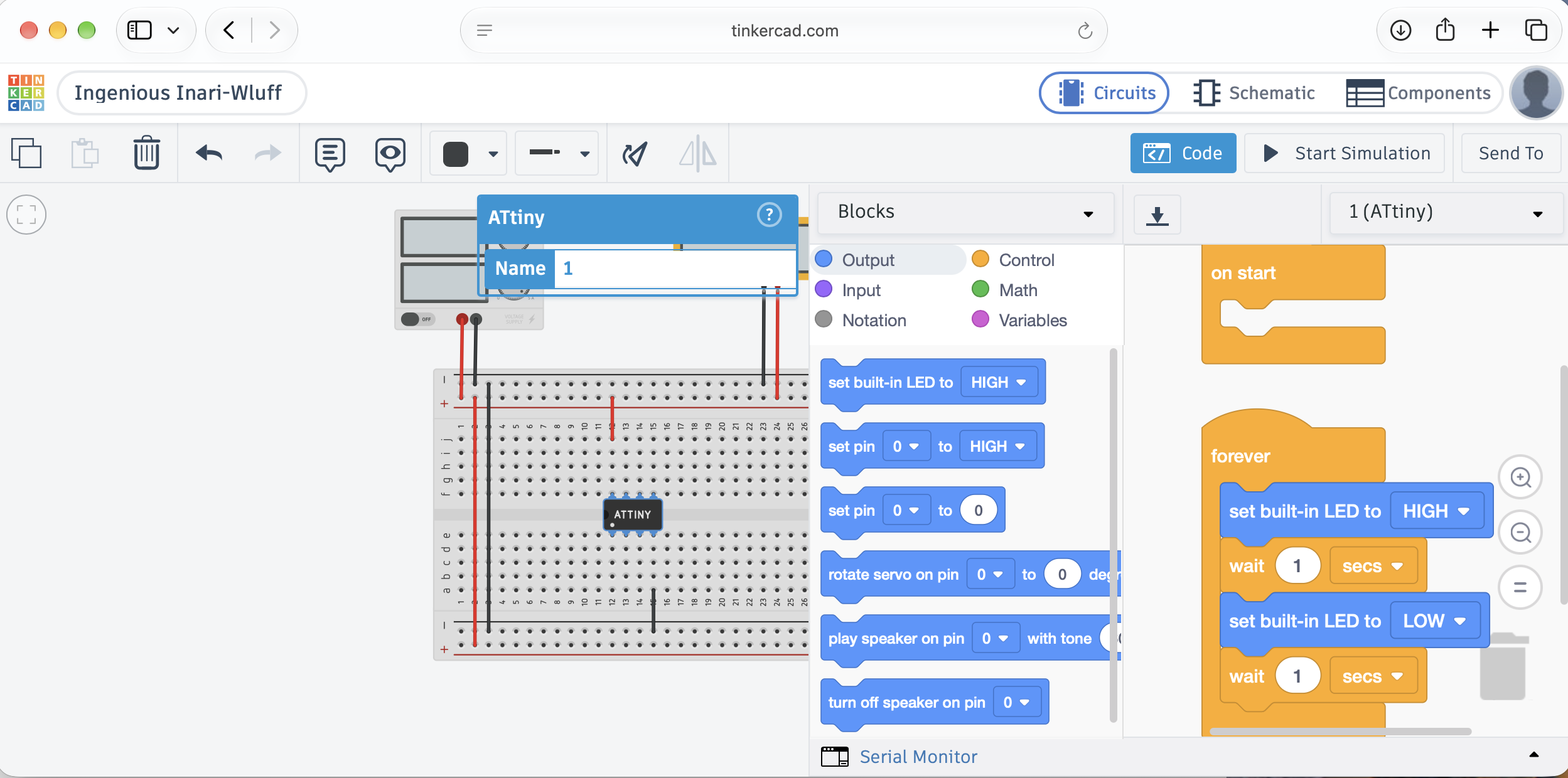 The blocks editor, with the LED switched on for one second and off for one second in a forever loop