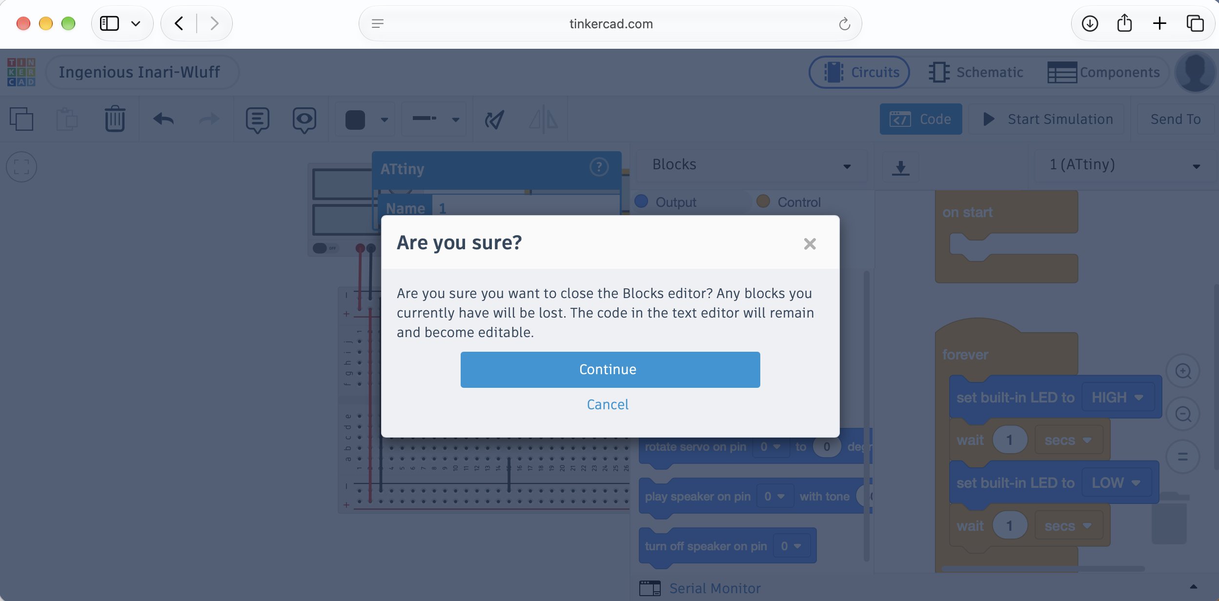 Tinkercad warns that closing the blocks editor loses any blocks you have not converted