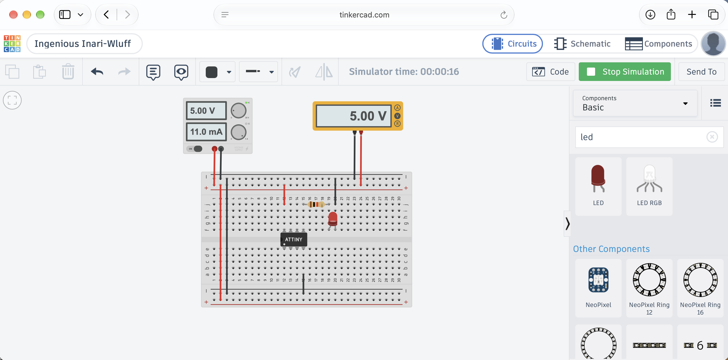 The running simulation with the LED added, the supply at 5.00 V, and 11.0 mA drawn