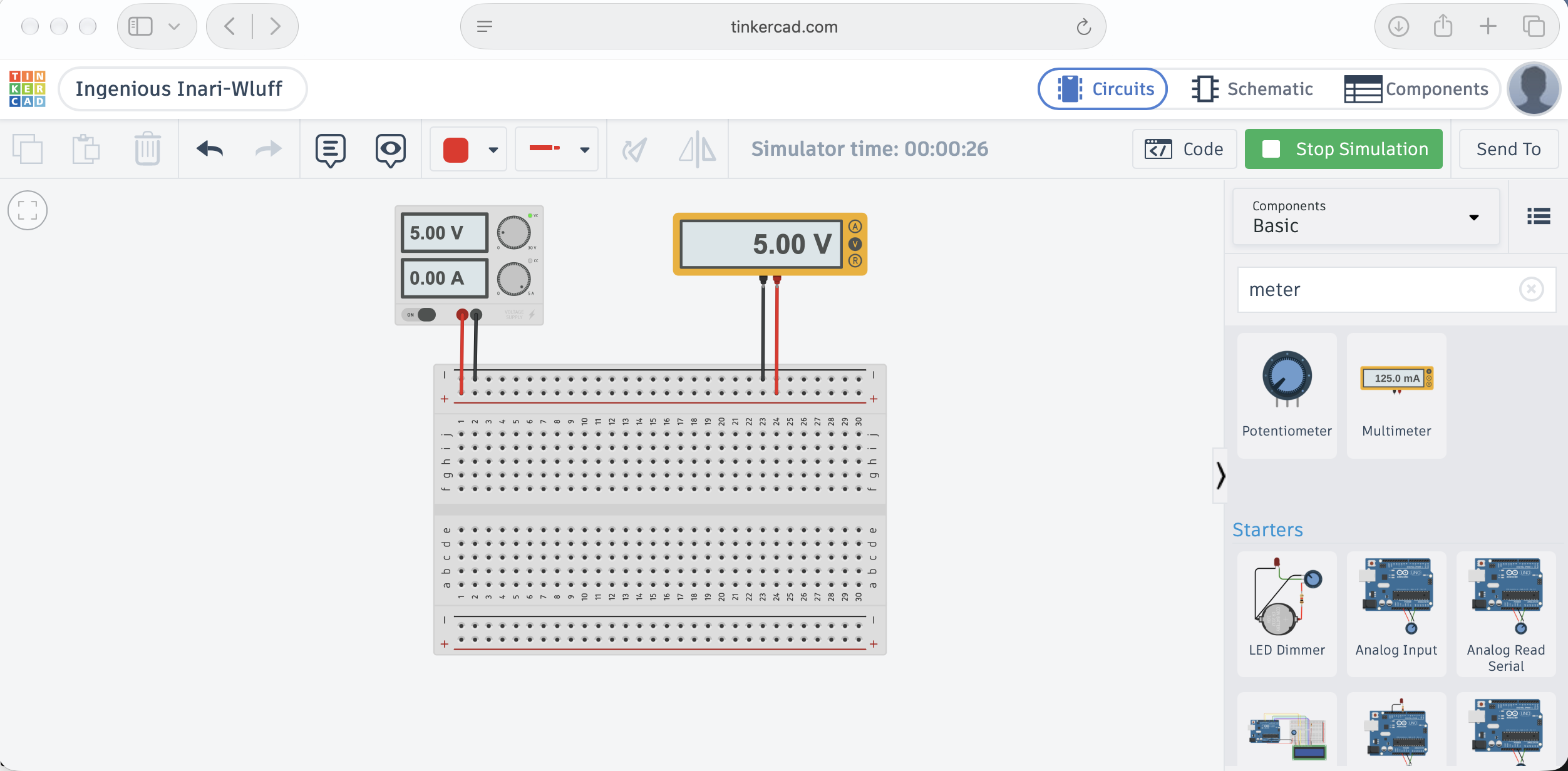 A running simulation with the supply and multimeter both reading 5.00 V