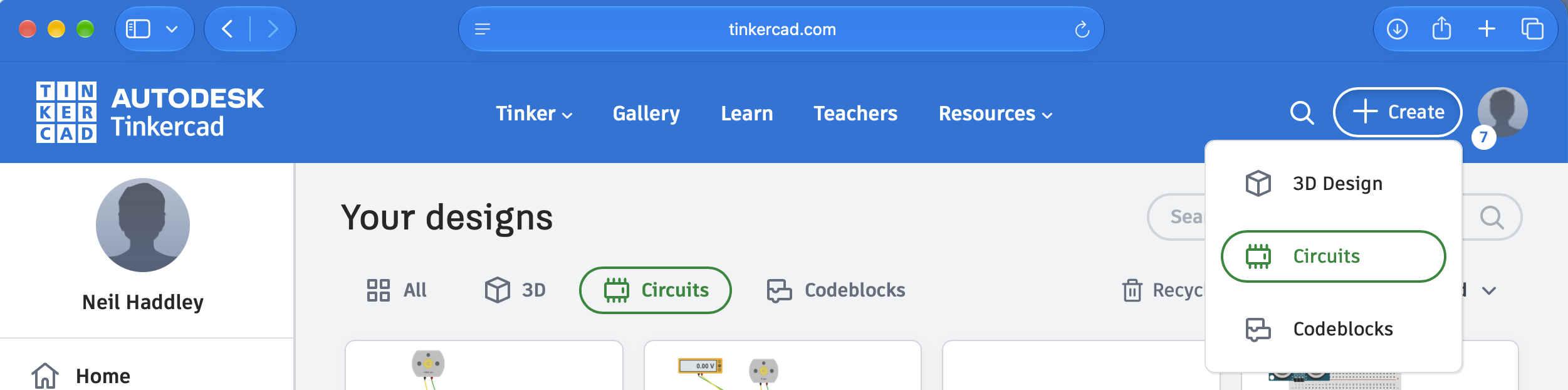 Starting a new Circuits design from the Create menu