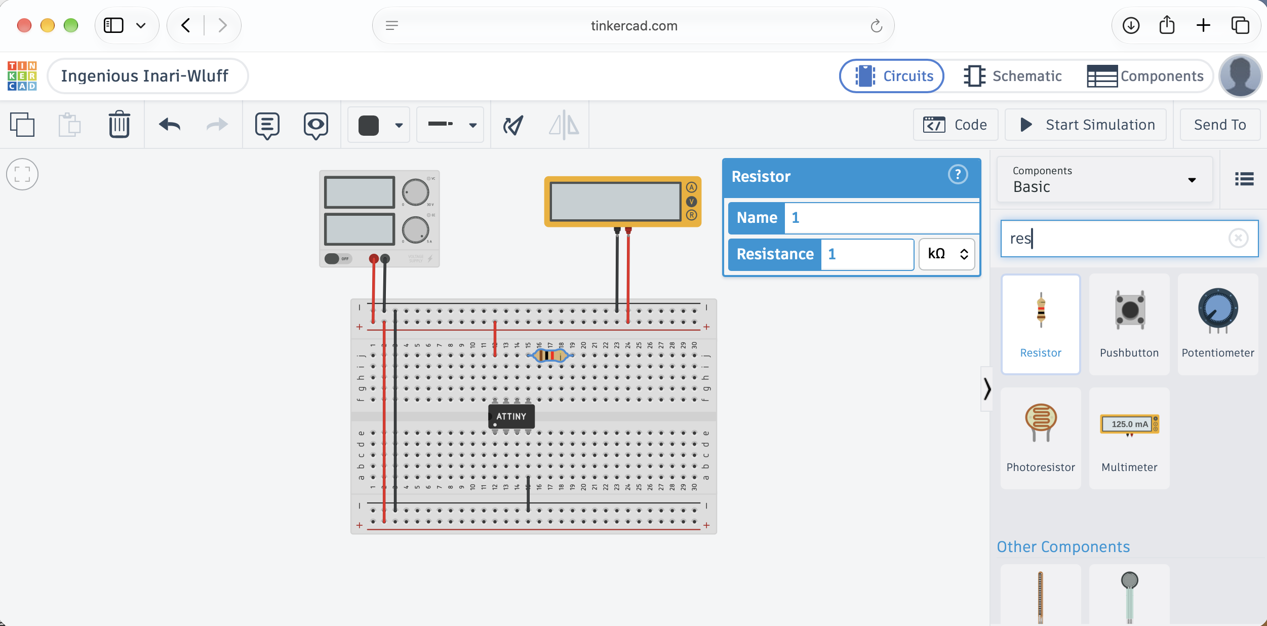 Adding a 1 kΩ resistor to the breadboard