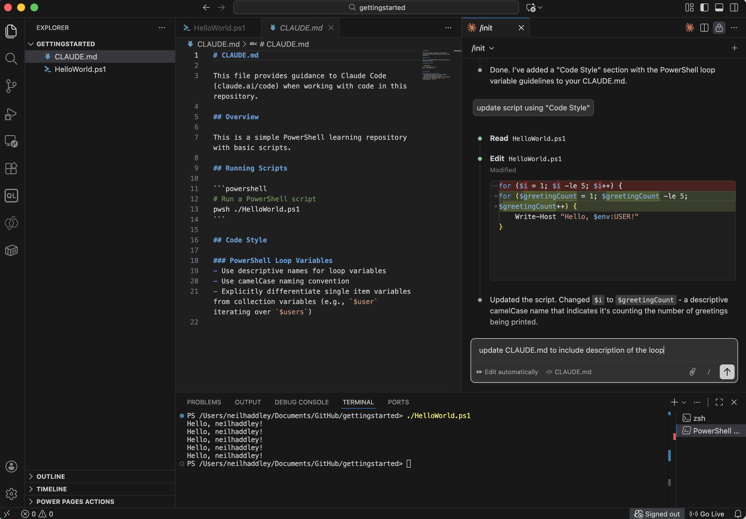 Claude updated the script with descriptive camelCase loop variable names
